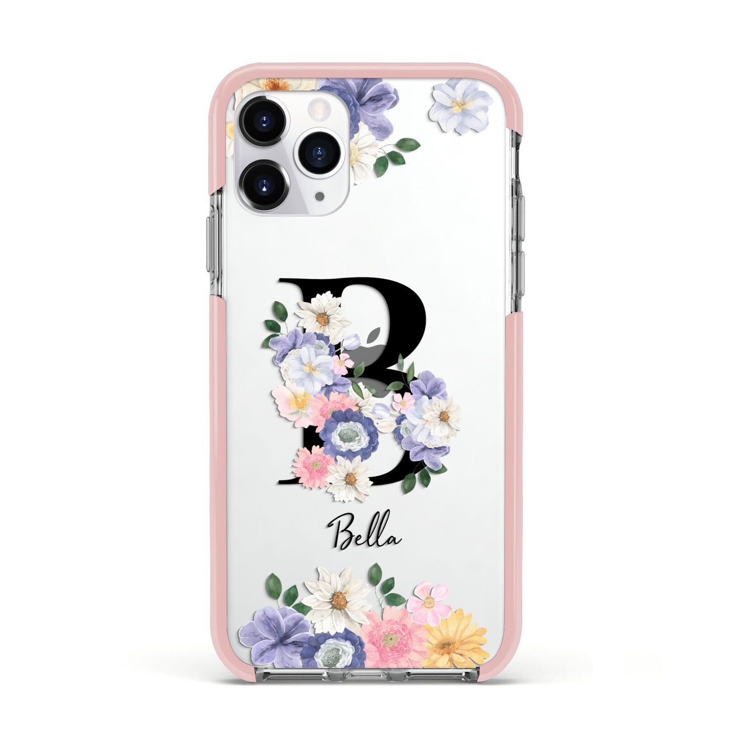 Black Initial Floral Apple iPhone 11 Pro in Silver with Pink Impact Case