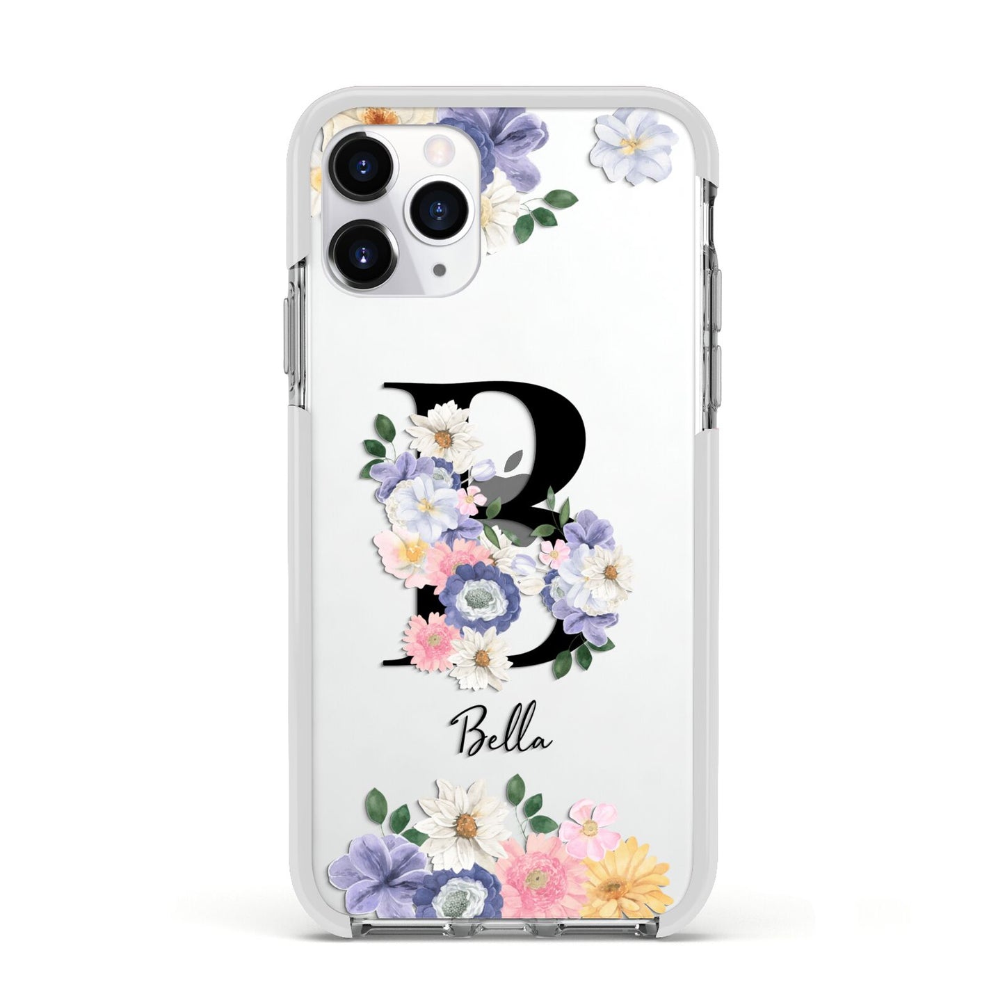 Black Initial Floral Apple iPhone 11 Pro in Silver with White Impact Case