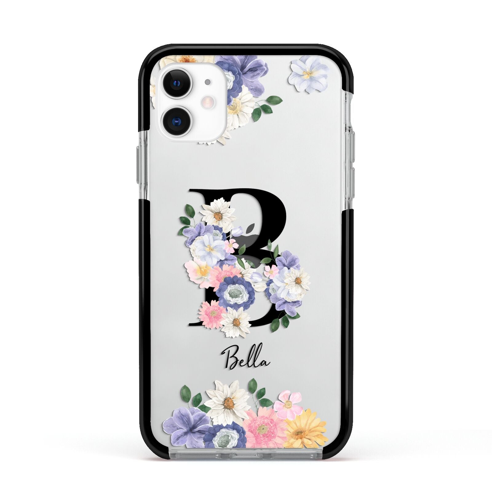 Black Initial Floral Apple iPhone 11 in White with Black Impact Case