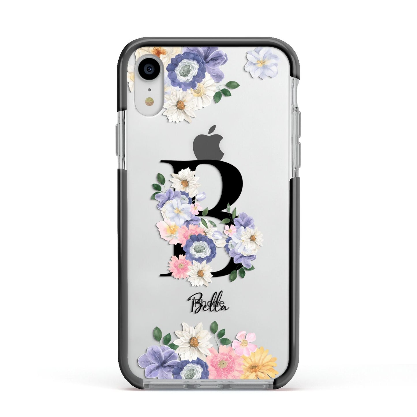 Black Initial Floral Apple iPhone XR Impact Case Black Edge on Silver Phone