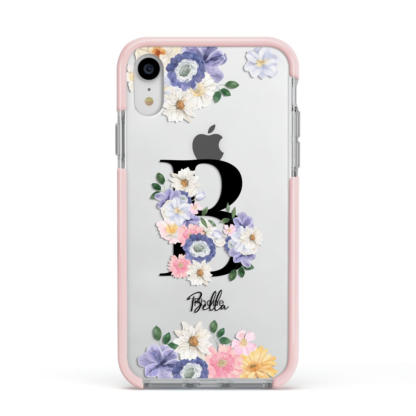 Black Initial Floral Apple iPhone XR Impact Case Pink Edge on Silver Phone