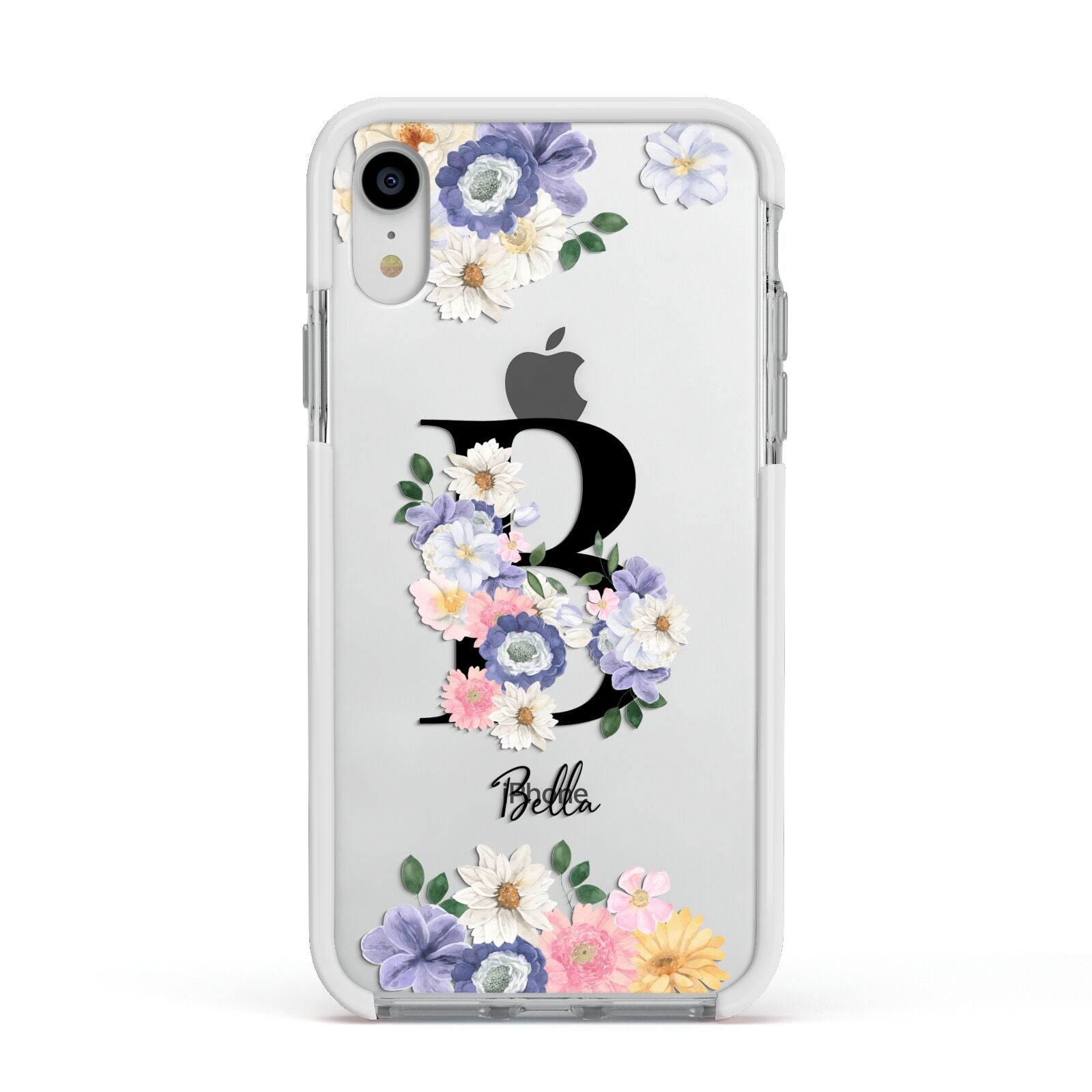 Black Initial Floral Apple iPhone XR Impact Case White Edge on Silver Phone