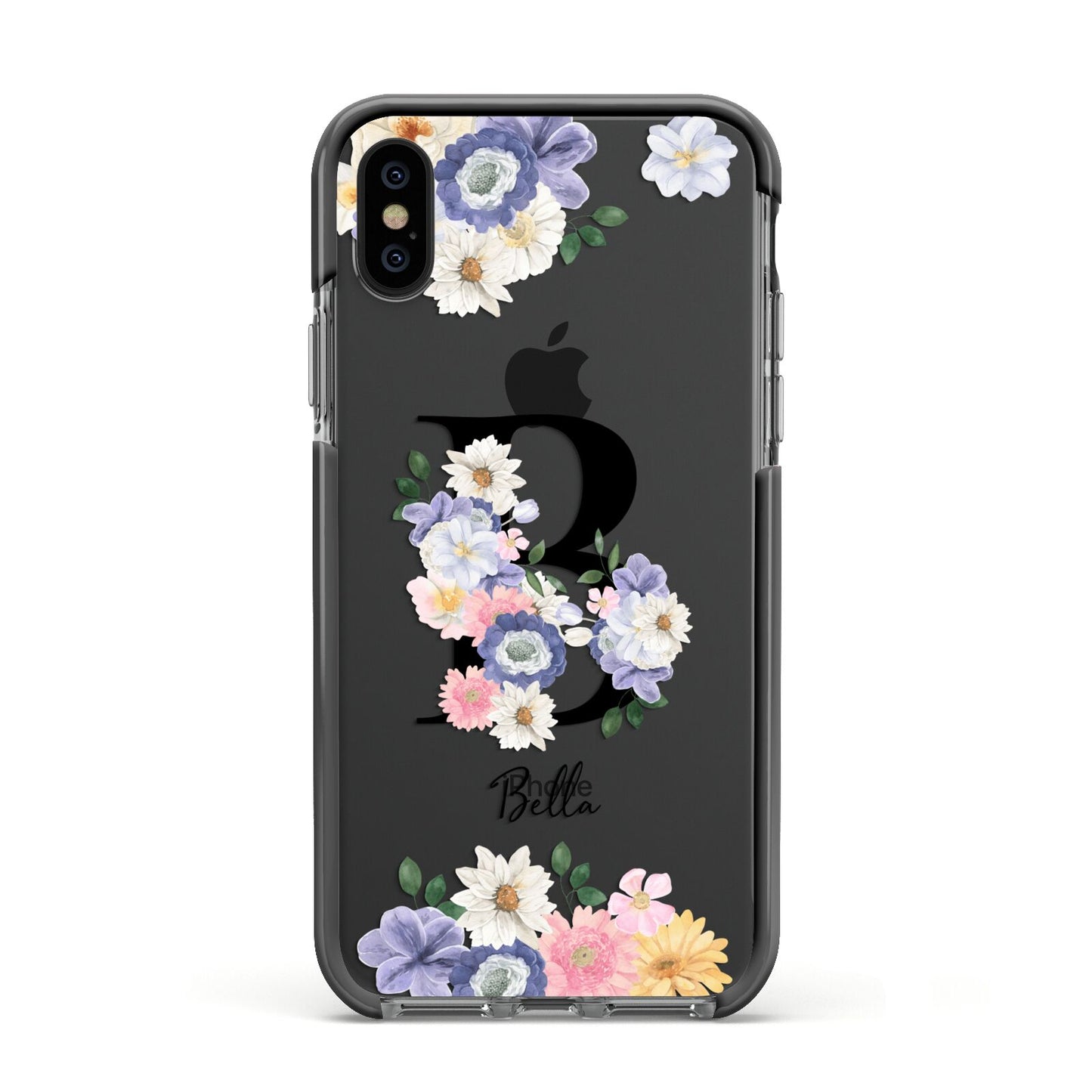 Black Initial Floral Apple iPhone Xs Impact Case Black Edge on Black Phone