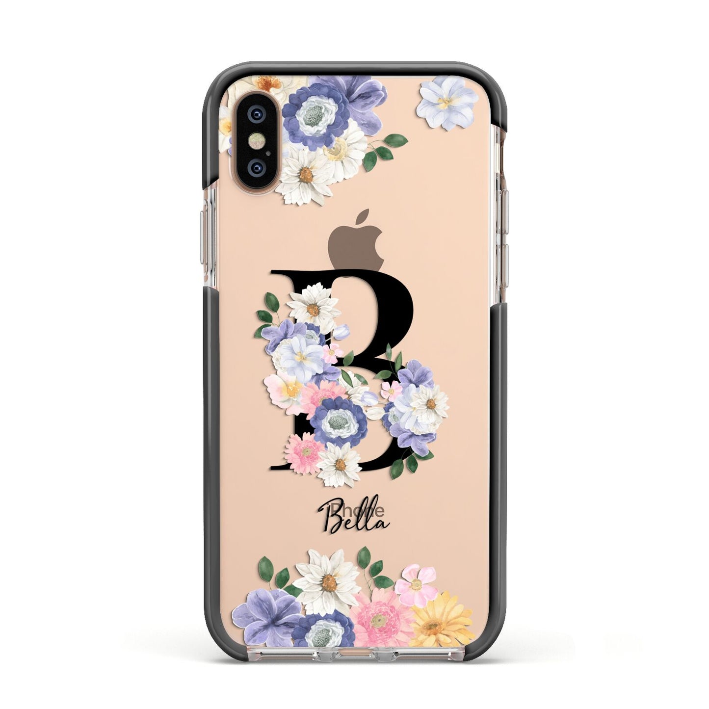 Black Initial Floral Apple iPhone Xs Impact Case Black Edge on Gold Phone