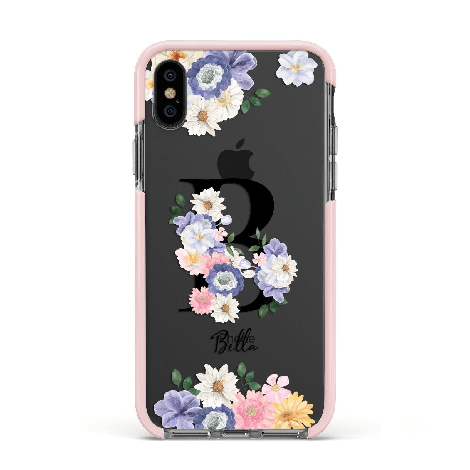 Black Initial Floral Apple iPhone Xs Impact Case Pink Edge on Black Phone