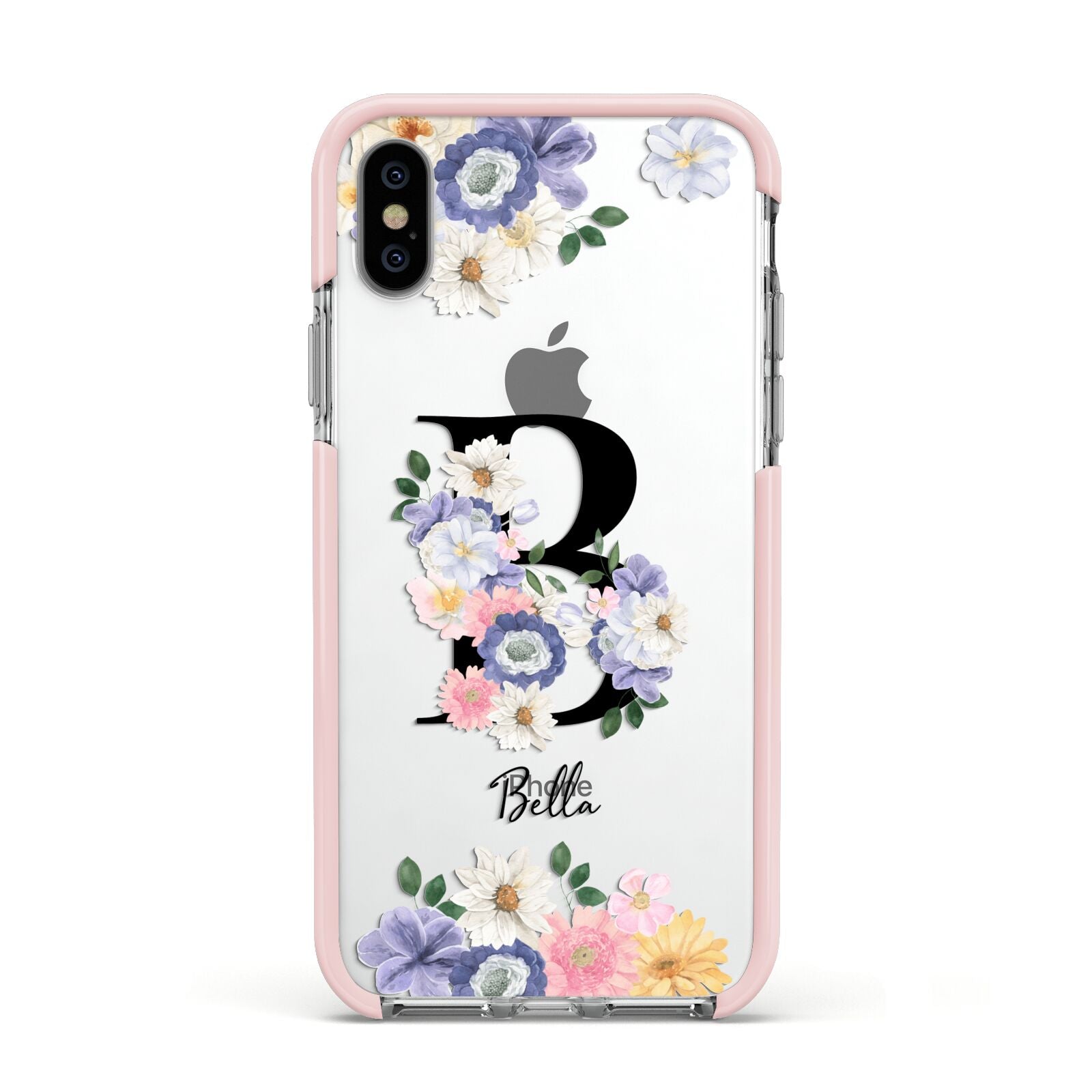 Black Initial Floral Apple iPhone Xs Impact Case Pink Edge on Silver Phone