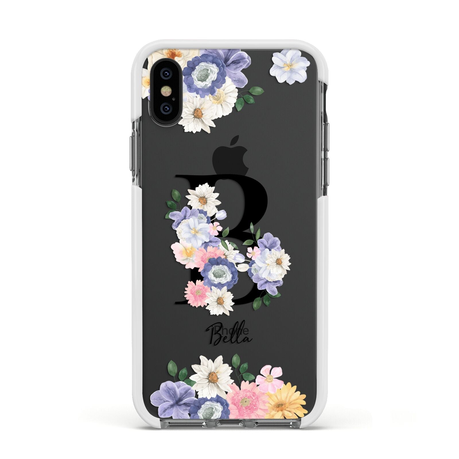 Black Initial Floral Apple iPhone Xs Impact Case White Edge on Black Phone