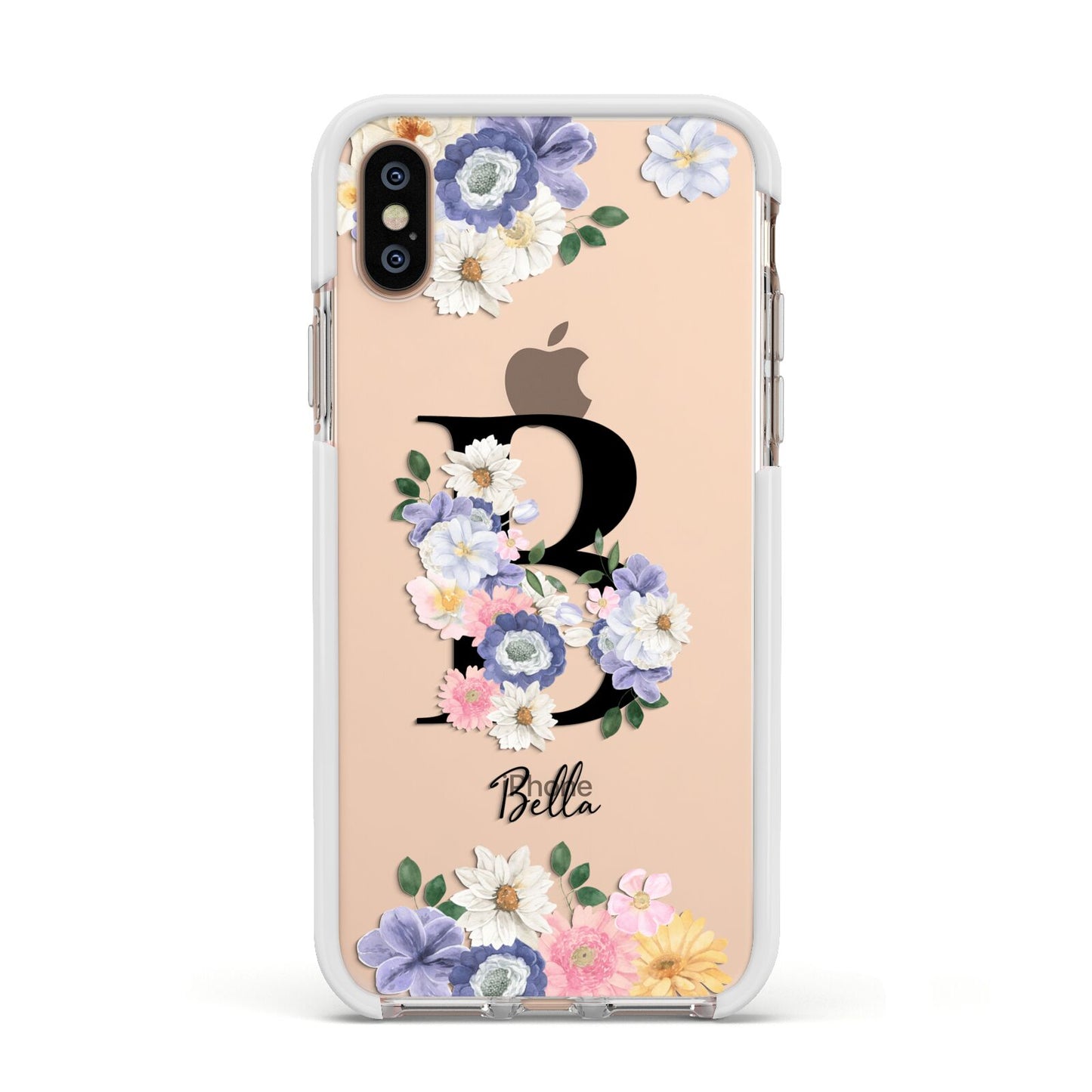 Black Initial Floral Apple iPhone Xs Impact Case White Edge on Gold Phone