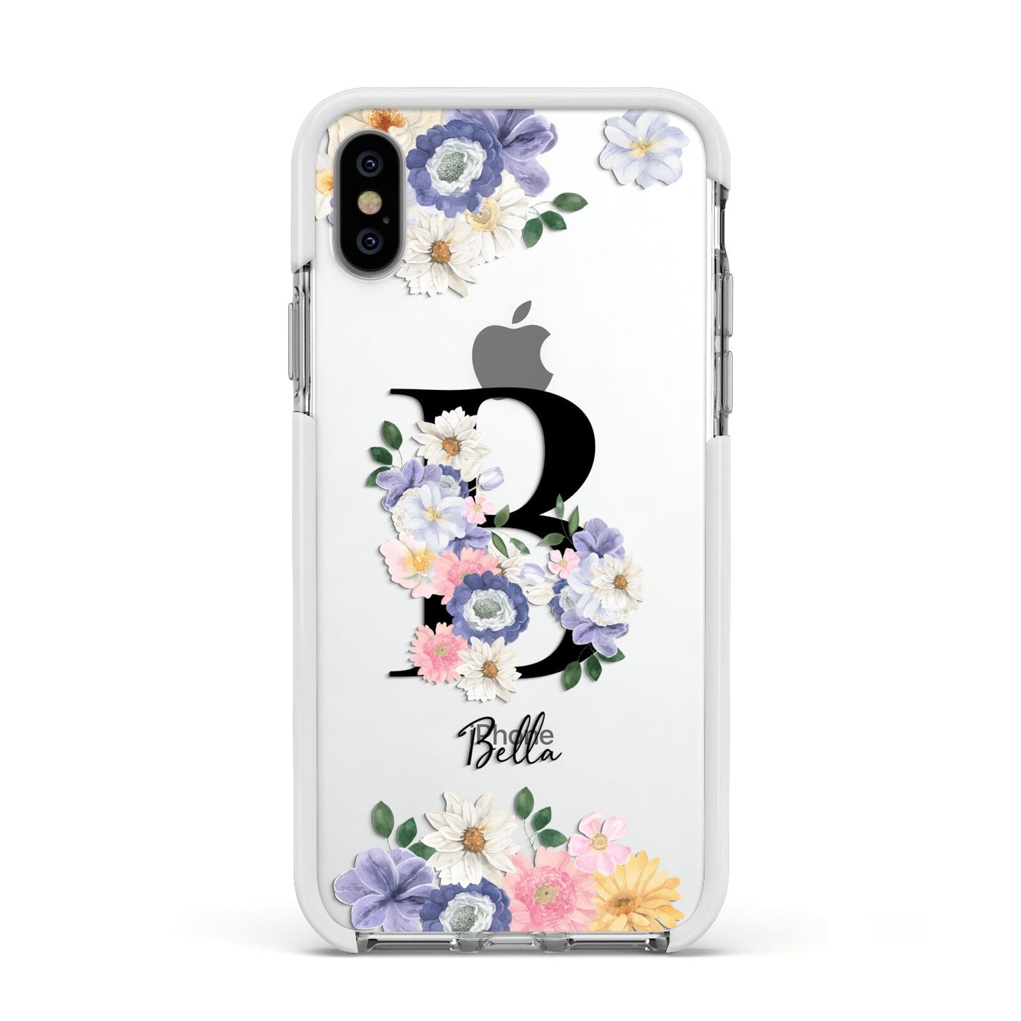 Black Initial Floral Apple iPhone Xs Impact Case White Edge on Silver Phone