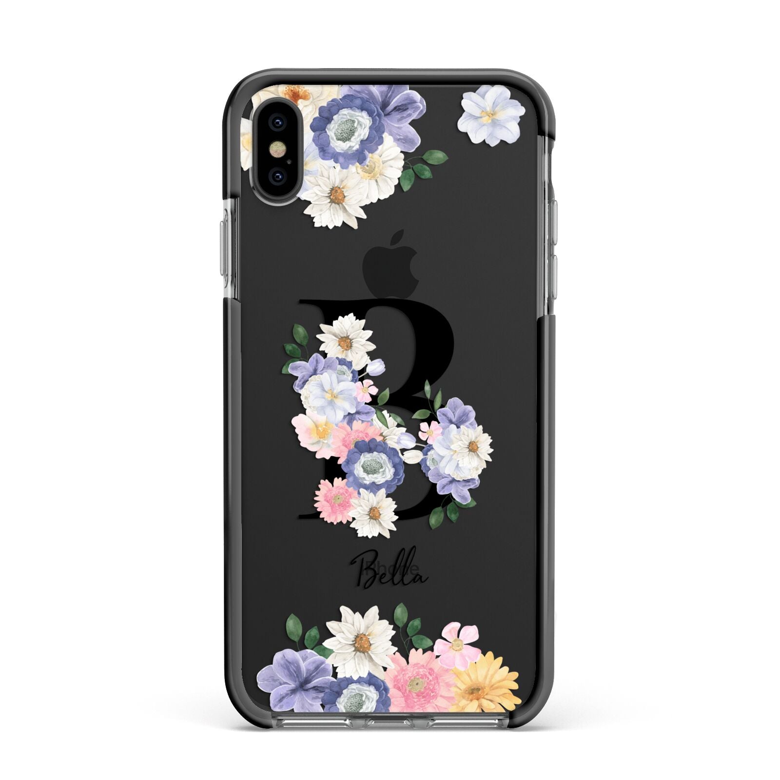 Black Initial Floral Apple iPhone Xs Max Impact Case Black Edge on Black Phone