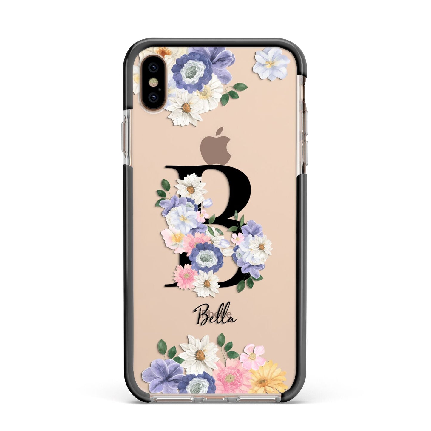 Black Initial Floral Apple iPhone Xs Max Impact Case Black Edge on Gold Phone