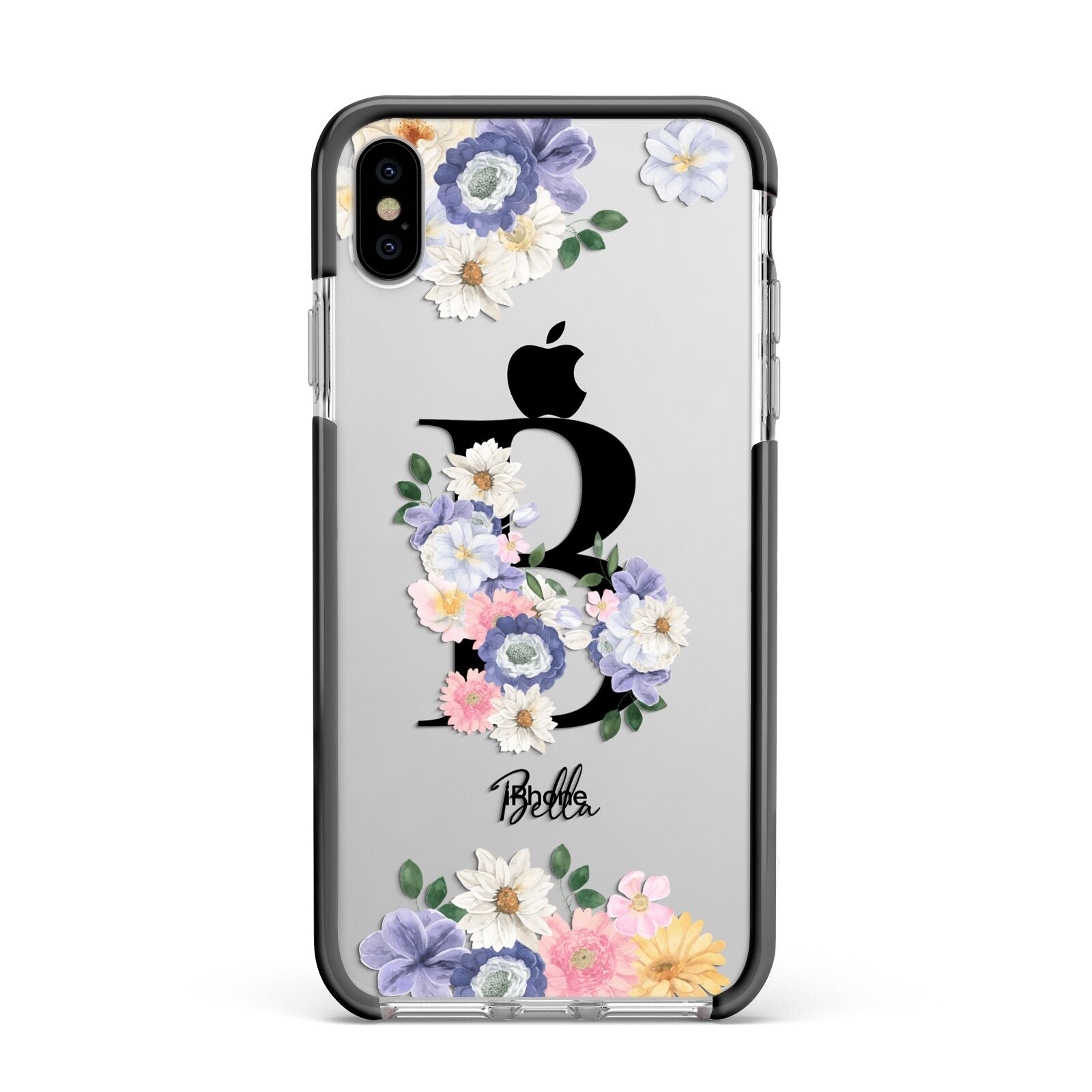 Black Initial Floral Apple iPhone Xs Max Impact Case Black Edge on Silver Phone