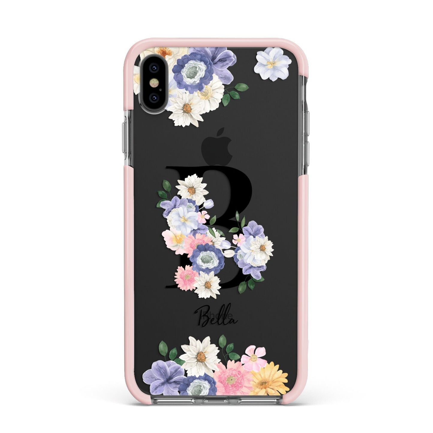 Black Initial Floral Apple iPhone Xs Max Impact Case Pink Edge on Black Phone