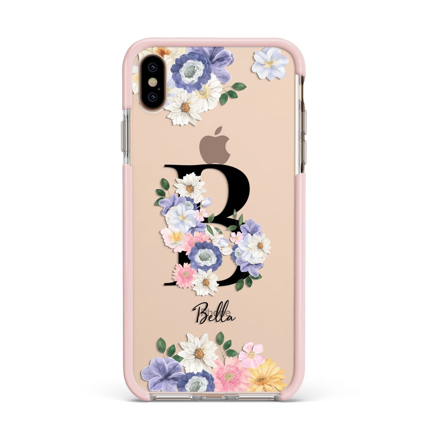 Black Initial Floral Apple iPhone Xs Max Impact Case Pink Edge on Gold Phone