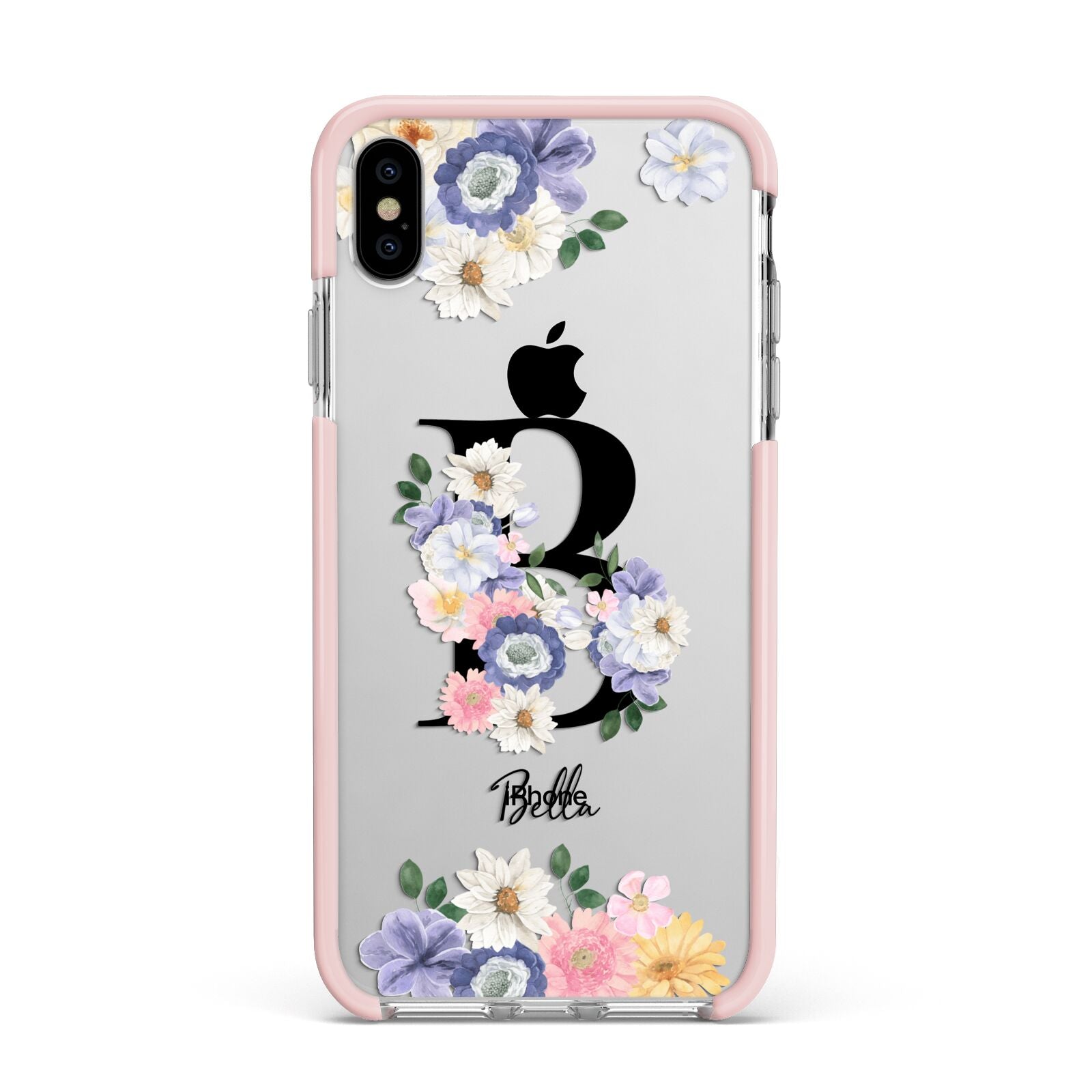 Black Initial Floral Apple iPhone Xs Max Impact Case Pink Edge on Silver Phone