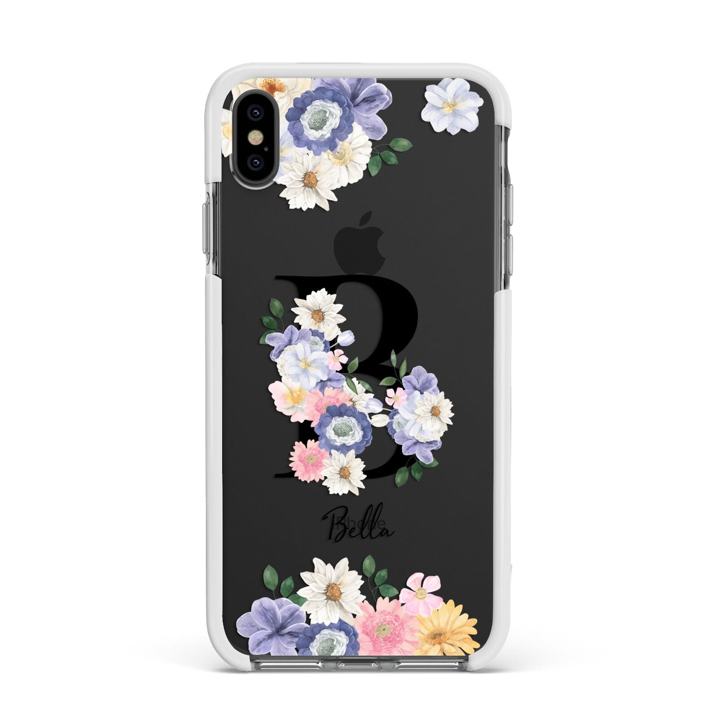 Black Initial Floral Apple iPhone Xs Max Impact Case White Edge on Black Phone