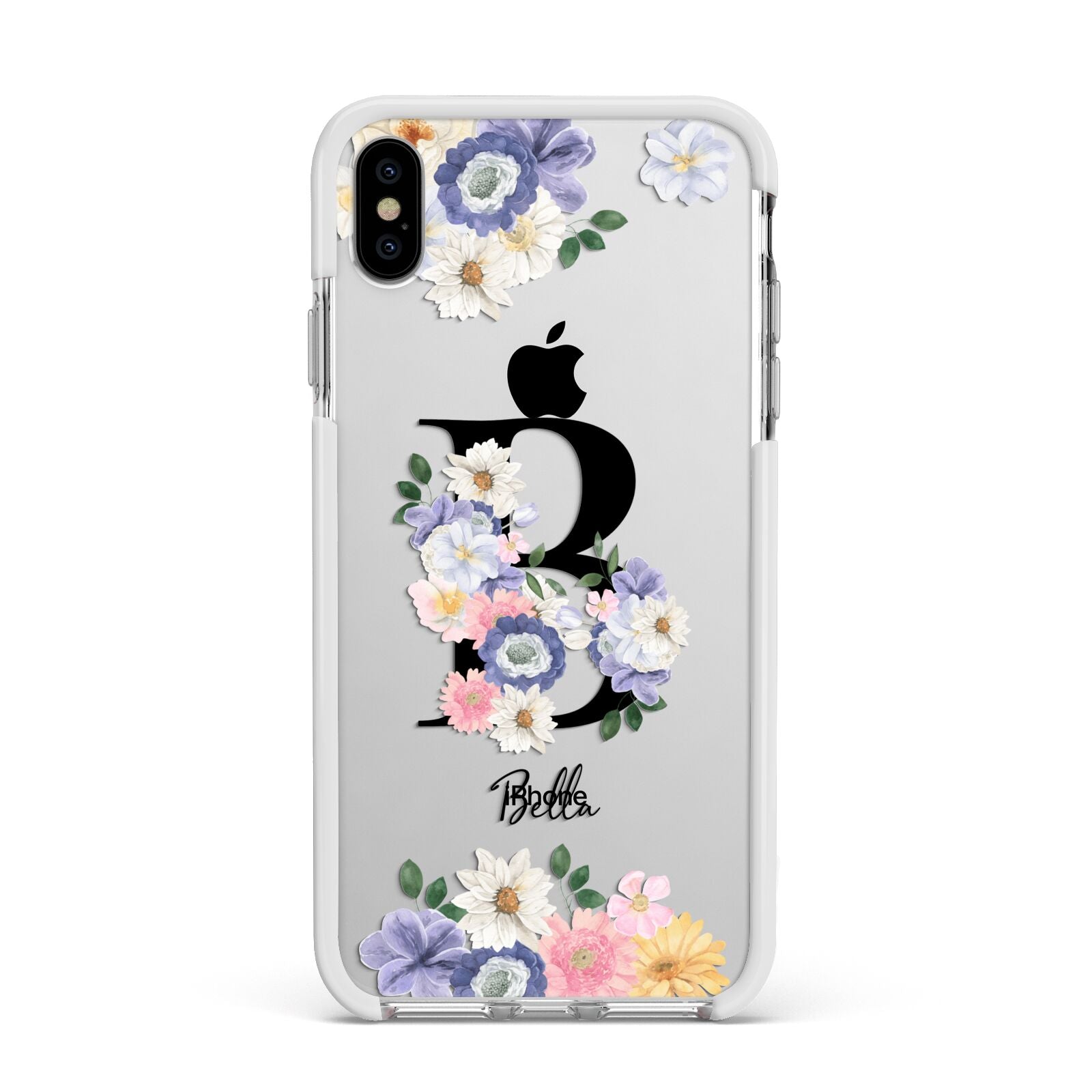 Black Initial Floral Apple iPhone Xs Max Impact Case White Edge on Silver Phone