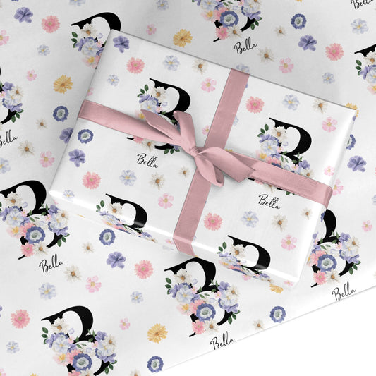 Black Initial Floral Custom Wrapping Paper