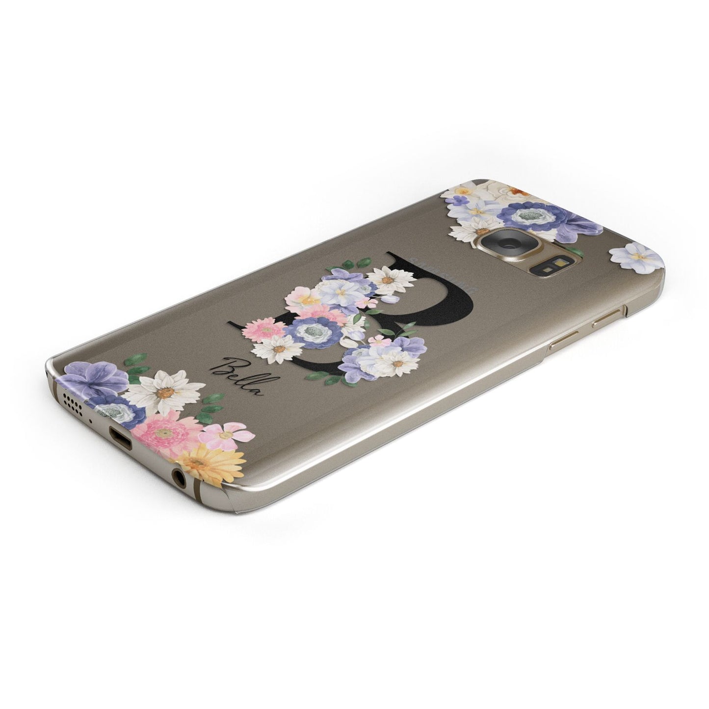 Black Initial Floral Protective Samsung Galaxy Case Angled Image