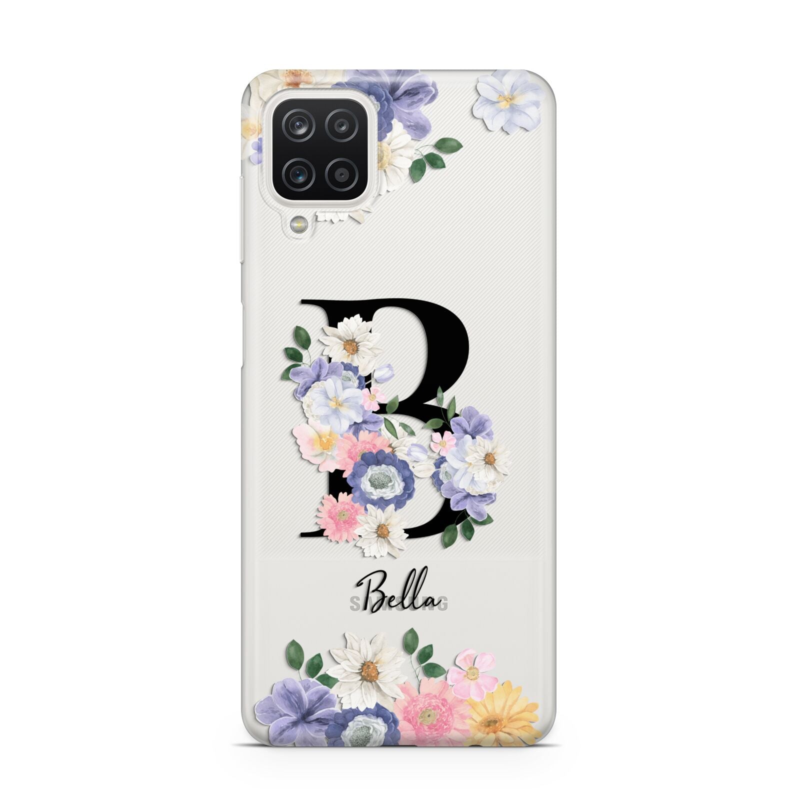 Black Initial Floral Samsung A12 Case