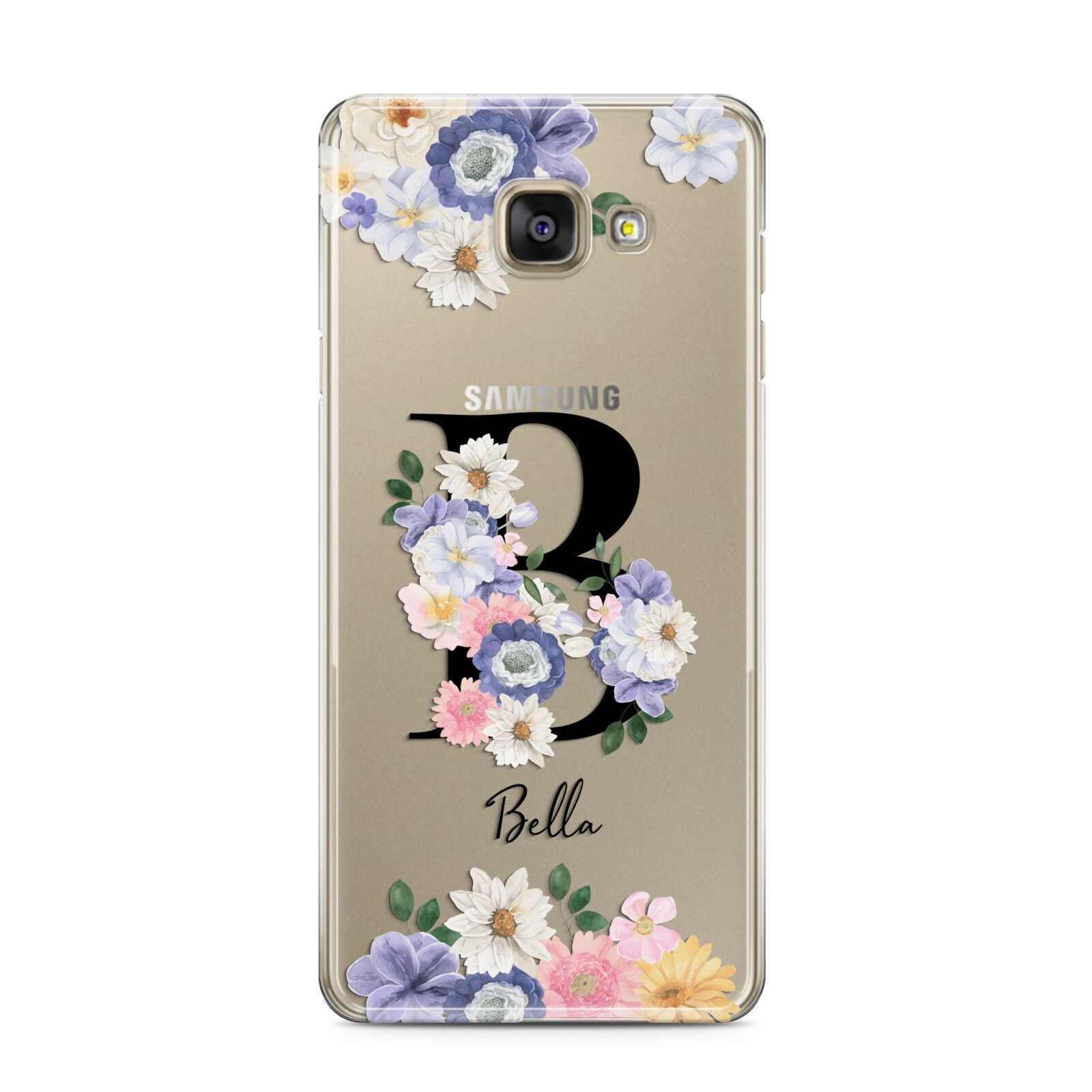 Black Initial Floral Samsung Galaxy A3 2016 Case on gold phone