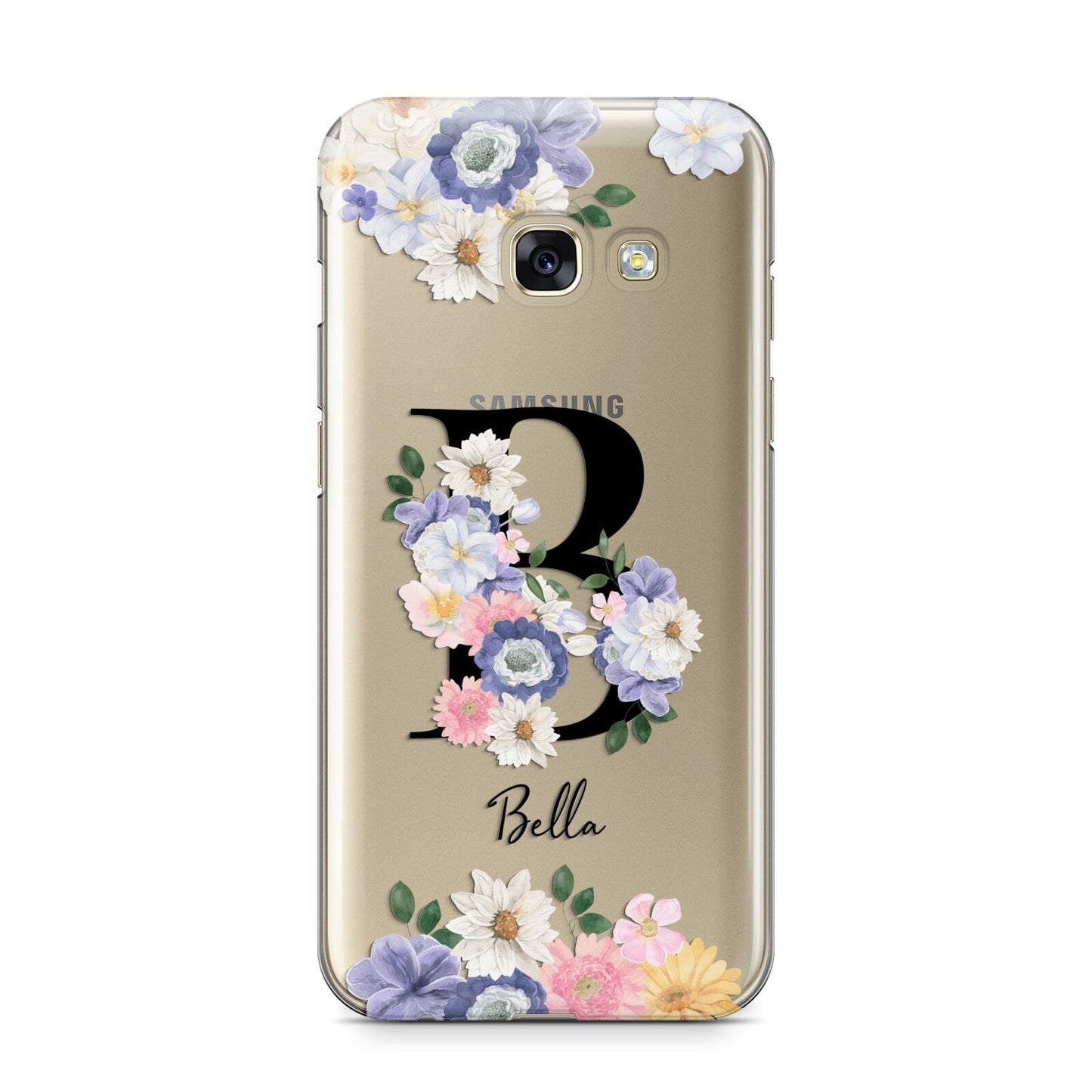 Black Initial Floral Samsung Galaxy A3 2017 Case on gold phone