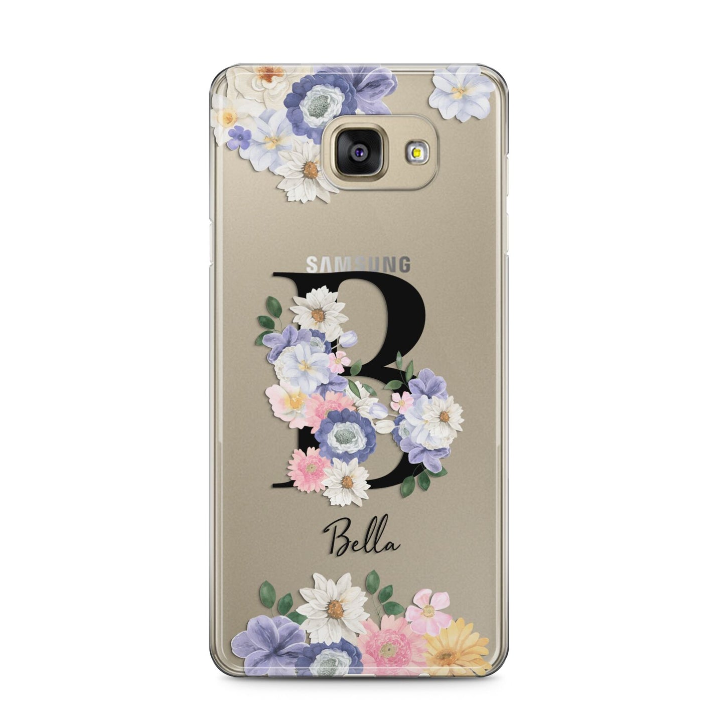 Black Initial Floral Samsung Galaxy A5 2016 Case on gold phone