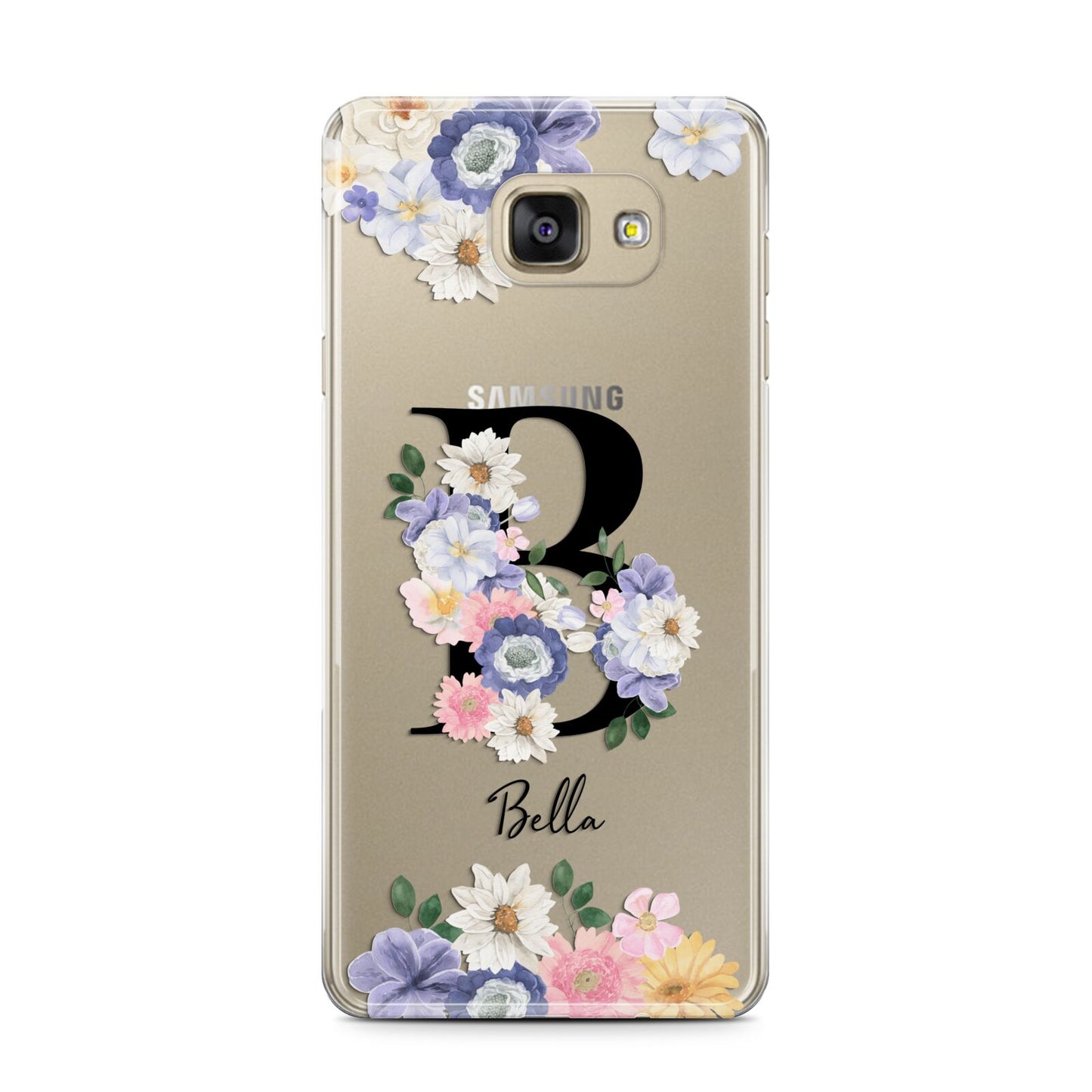 Black Initial Floral Samsung Galaxy A7 2016 Case on gold phone