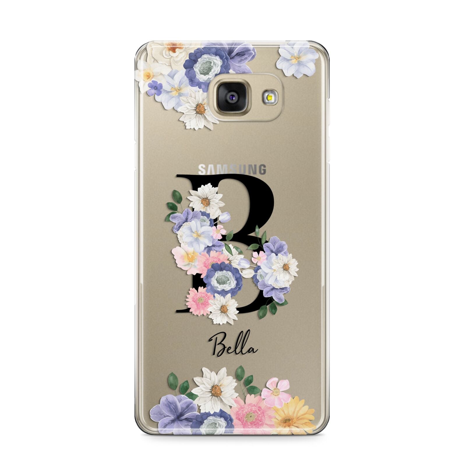 Black Initial Floral Samsung Galaxy A9 2016 Case on gold phone