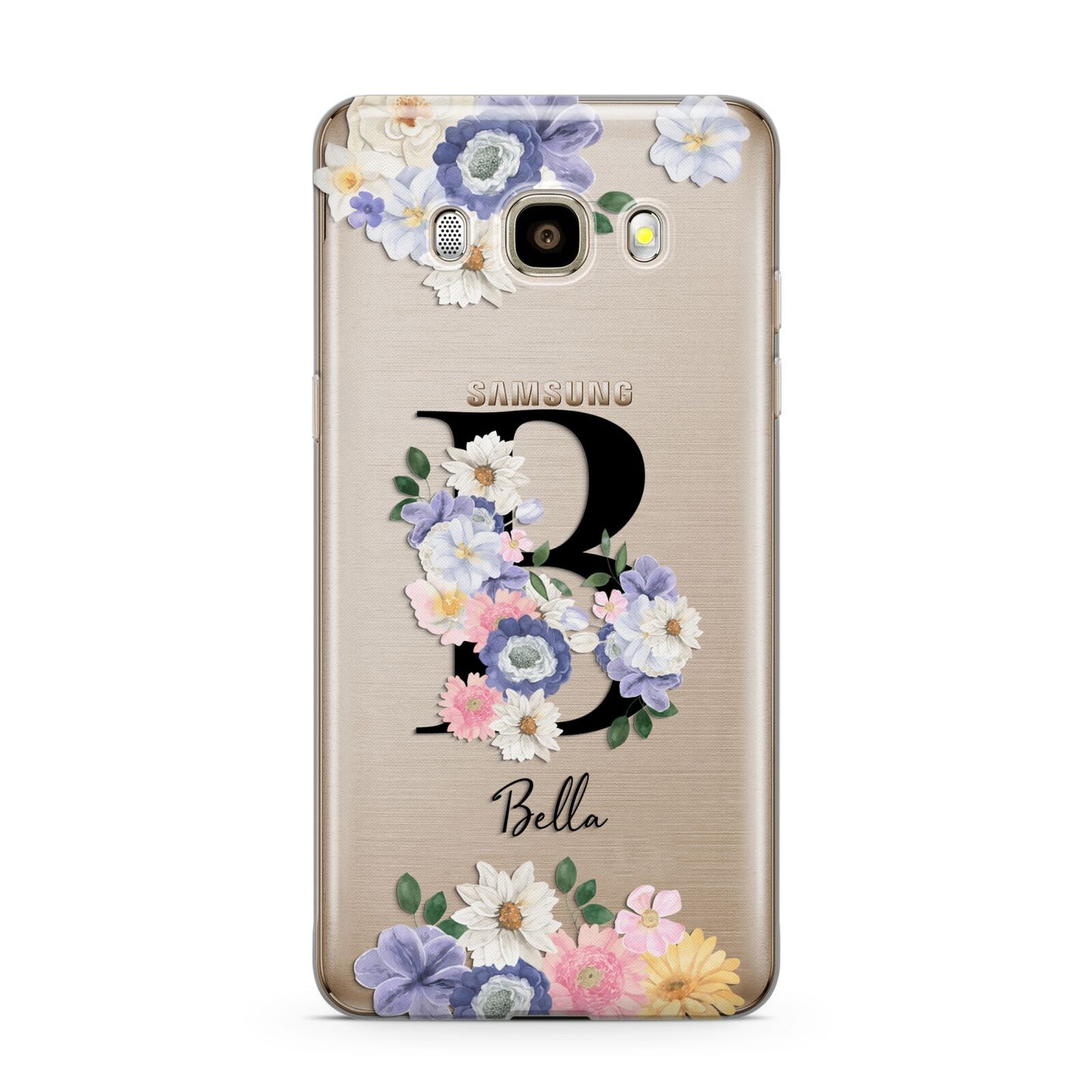 Black Initial Floral Samsung Galaxy J7 2016 Case on gold phone