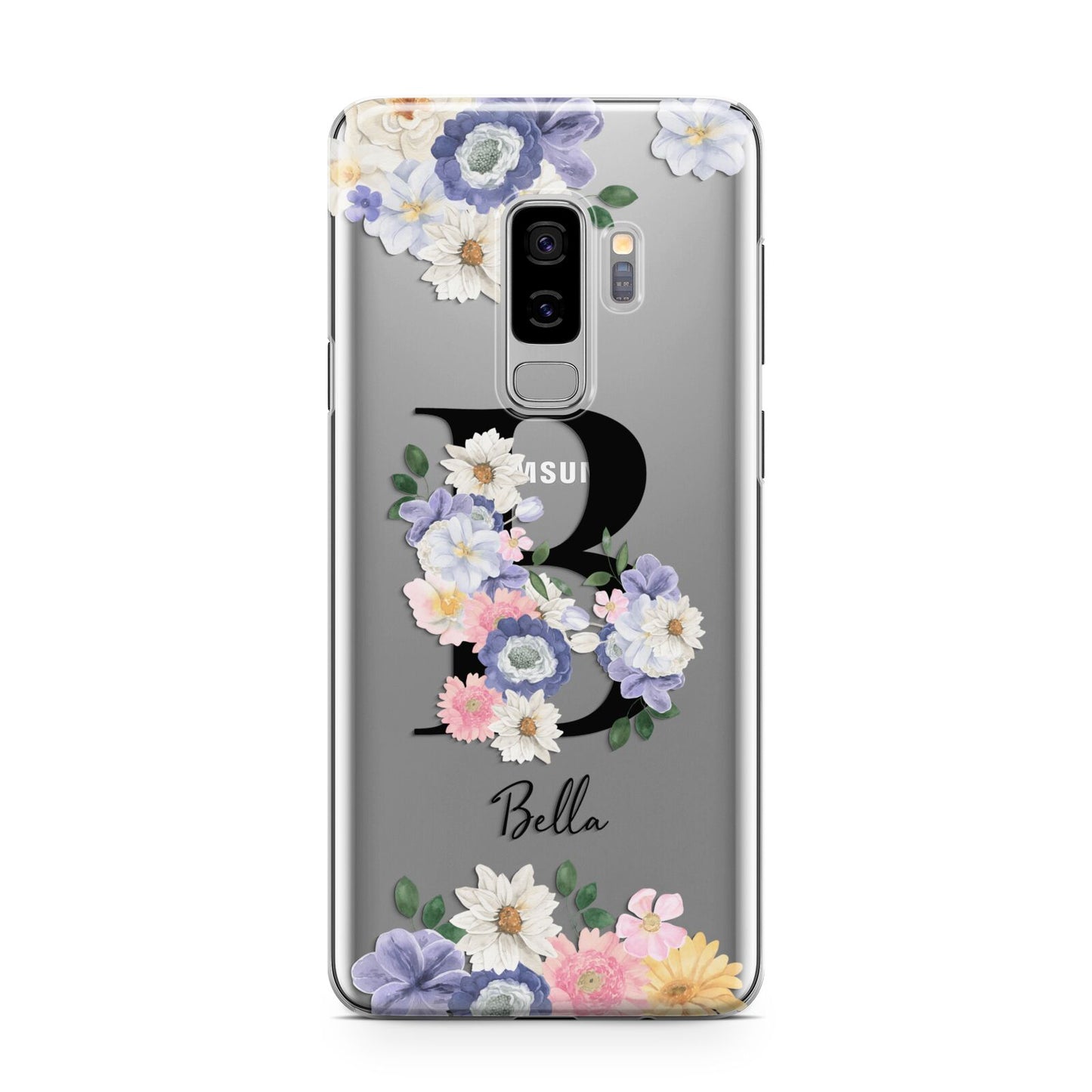 Black Initial Floral Samsung Galaxy S9 Plus Case on Silver phone