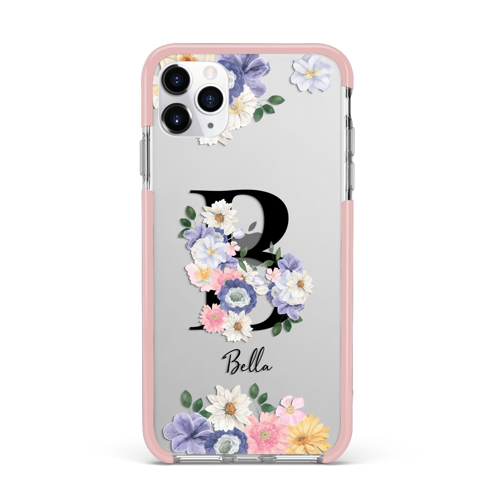 Black Initial Floral iPhone 11 Pro Max Impact Pink Edge Case