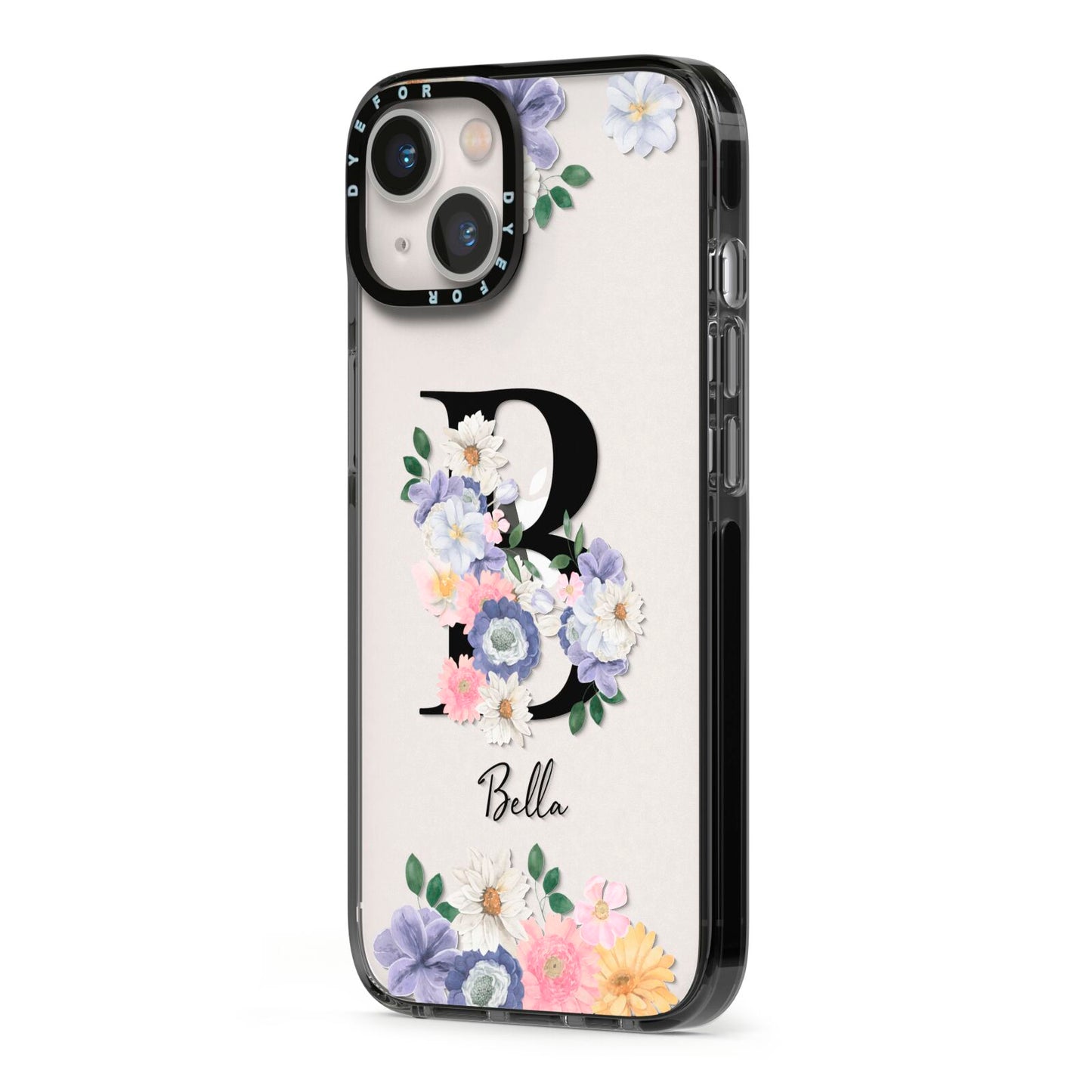 Black Initial Floral iPhone 13 Black Impact Case Side Angle on Silver phone