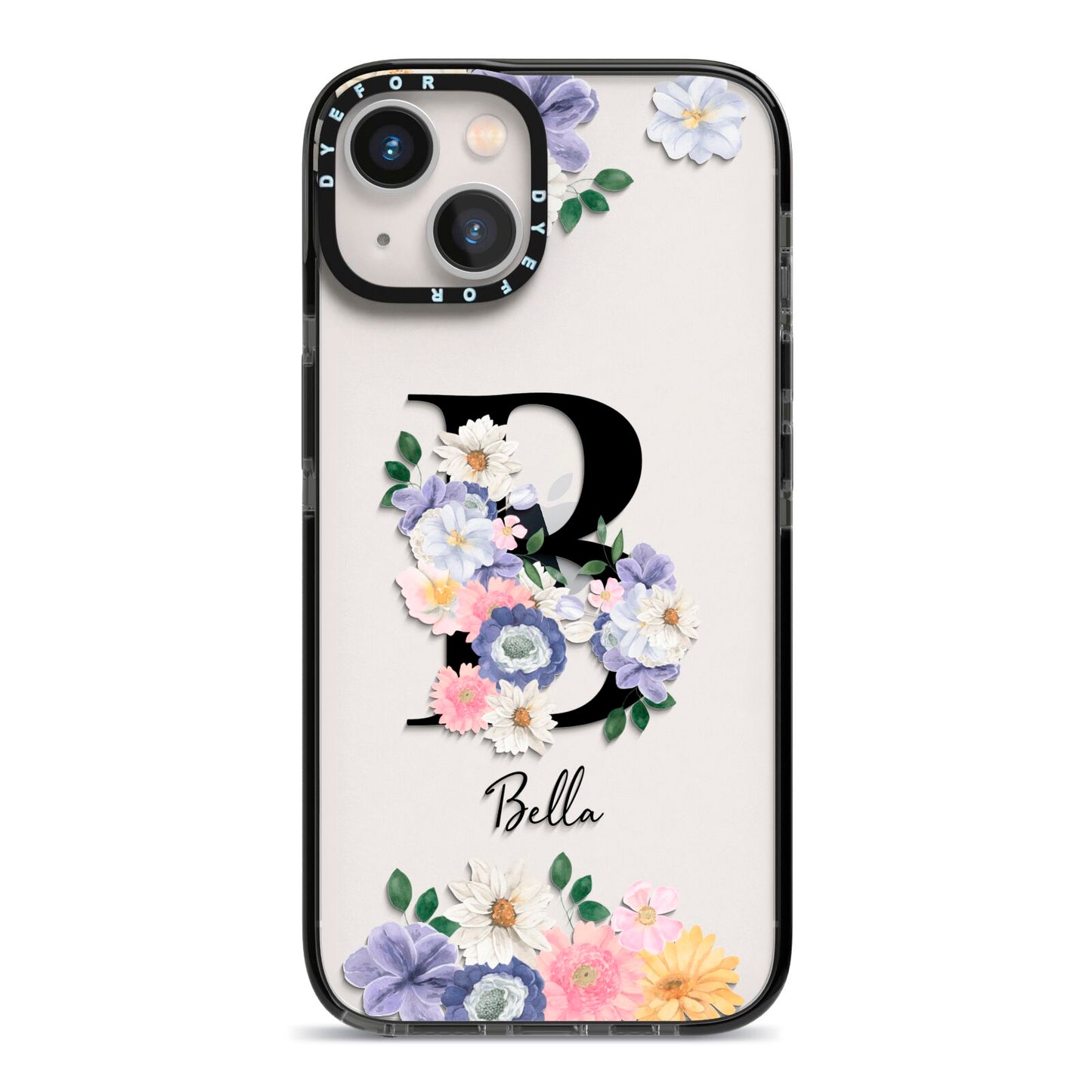 Black Initial Floral iPhone 13 Black Impact Case on Silver phone