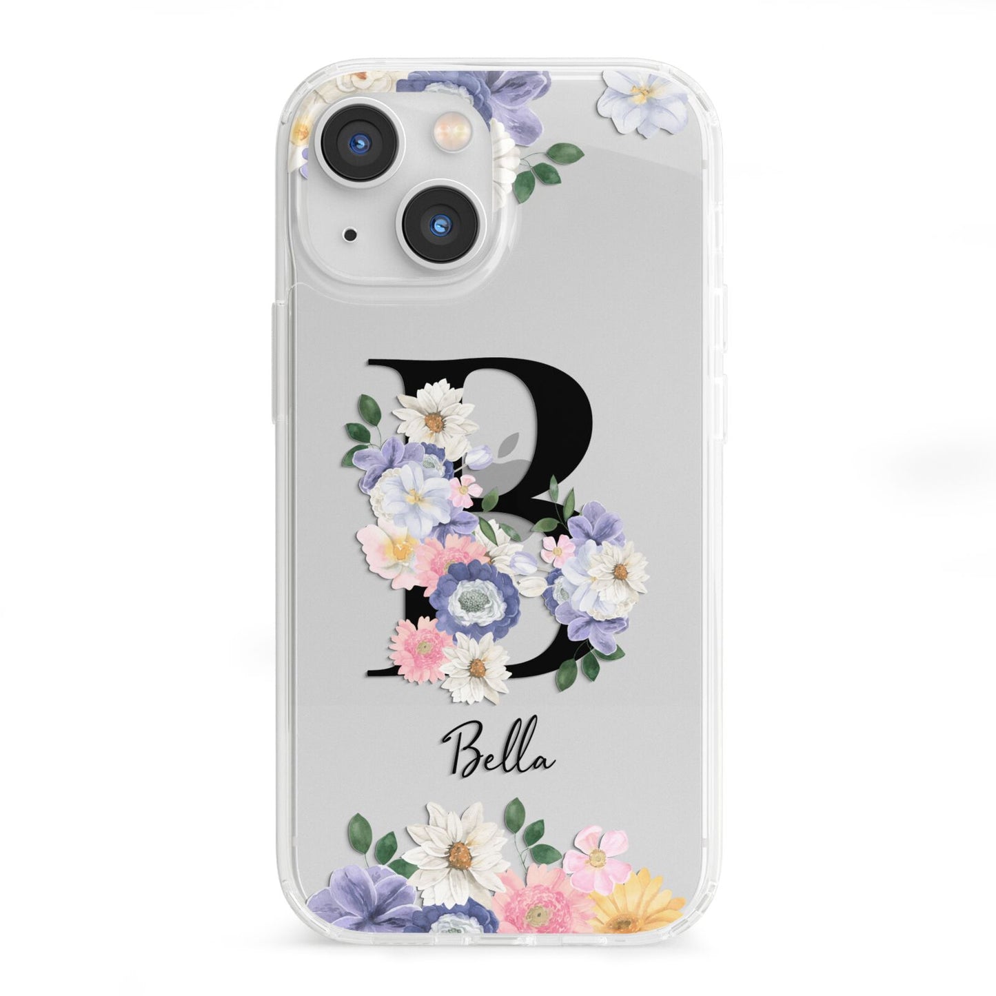 Black Initial Floral iPhone 13 Mini Clear Bumper Case