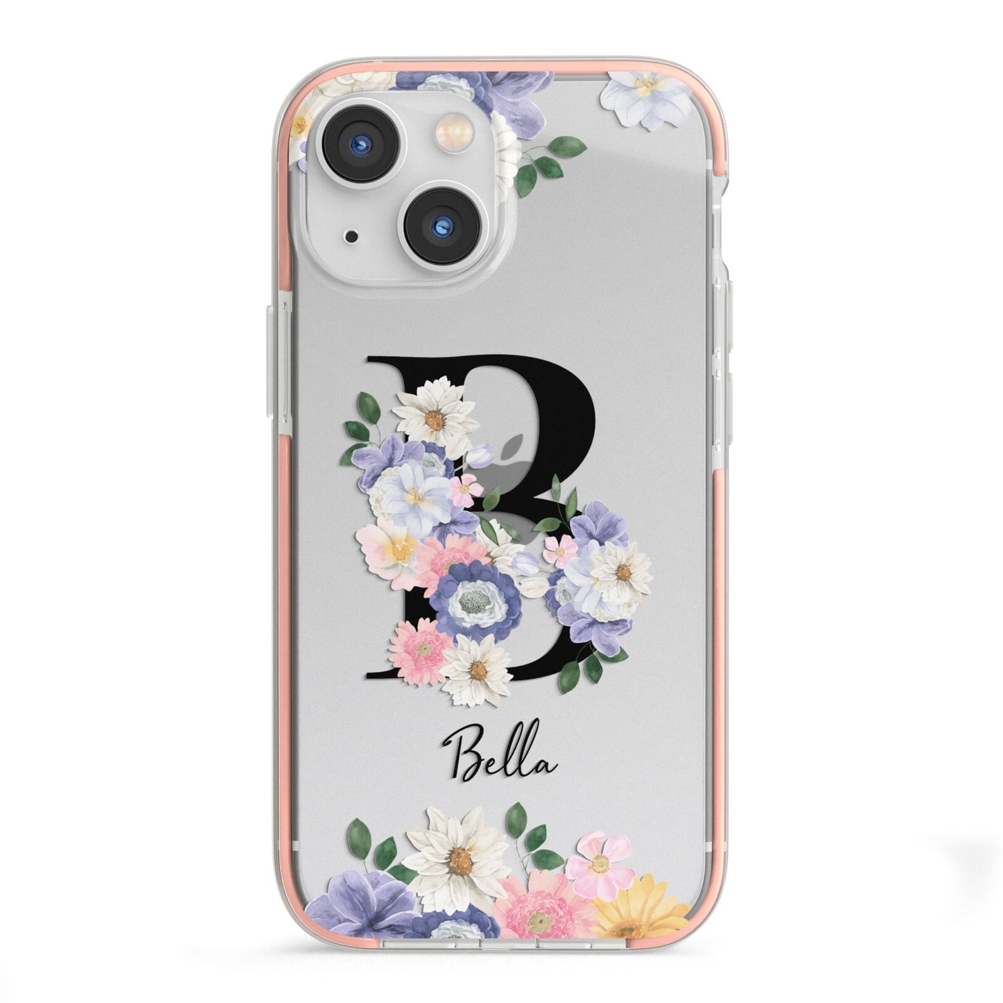 Black Initial Floral iPhone 13 Mini TPU Impact Case with Pink Edges