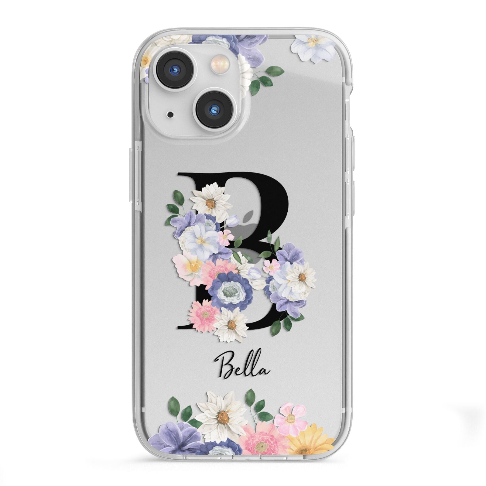 Black Initial Floral iPhone 13 Mini TPU Impact Case with White Edges