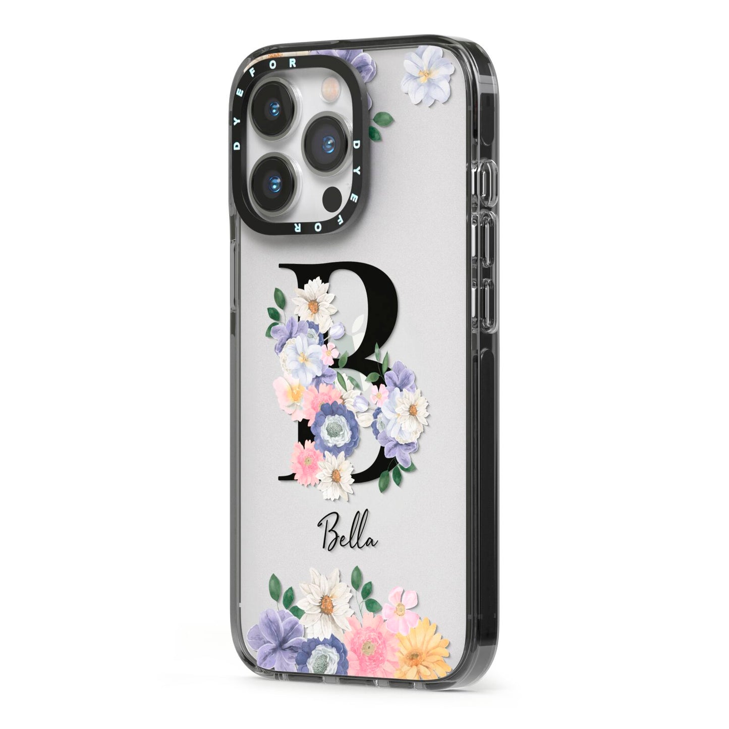 Black Initial Floral iPhone 13 Pro Black Impact Case Side Angle on Silver phone