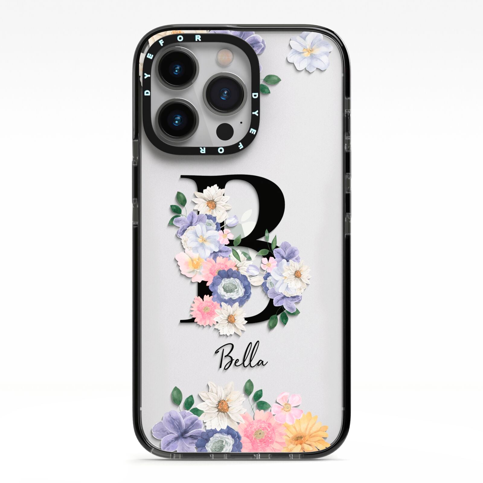 Black Initial Floral iPhone 13 Pro Black Impact Case on Silver phone