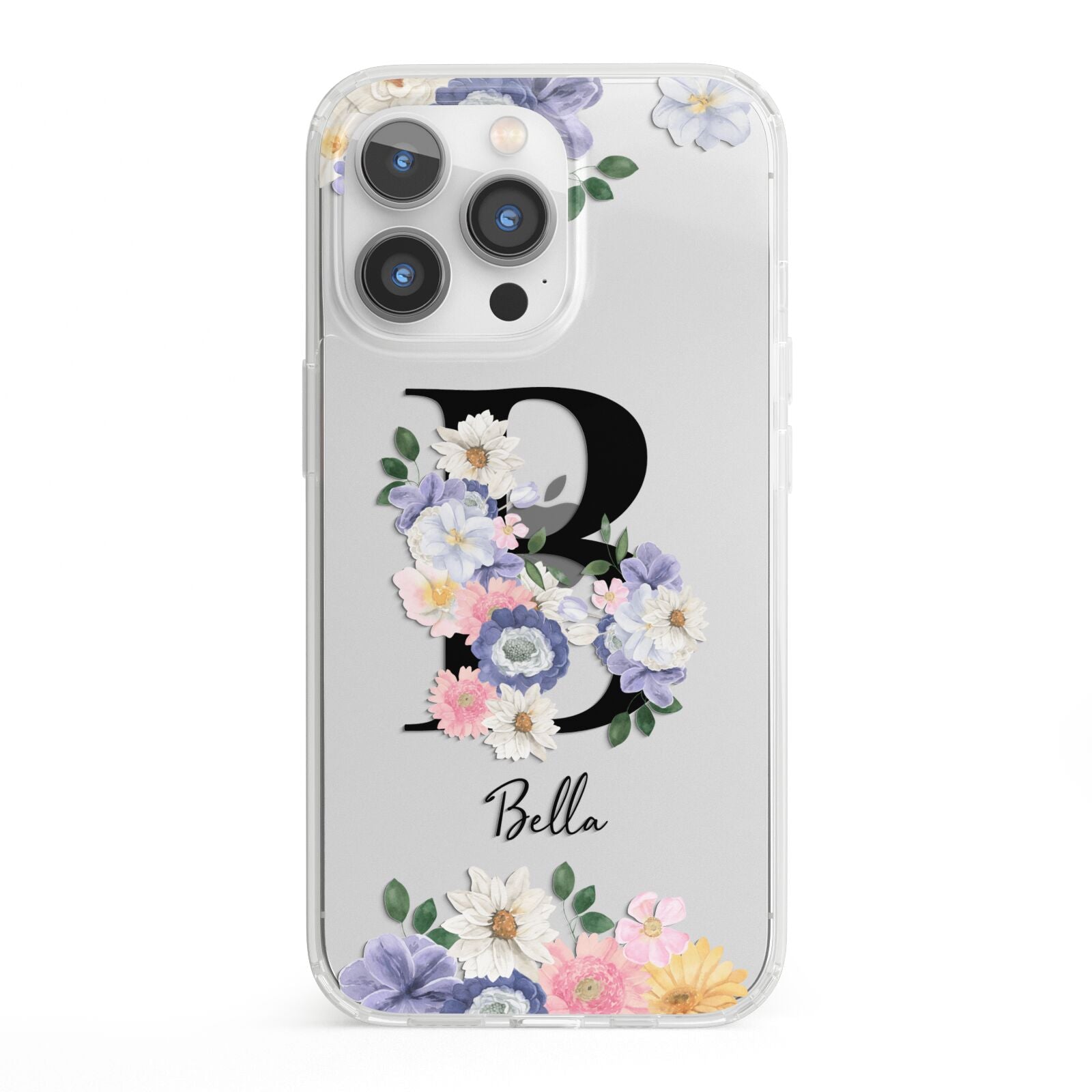 Black Initial Floral iPhone 13 Pro Clear Bumper Case