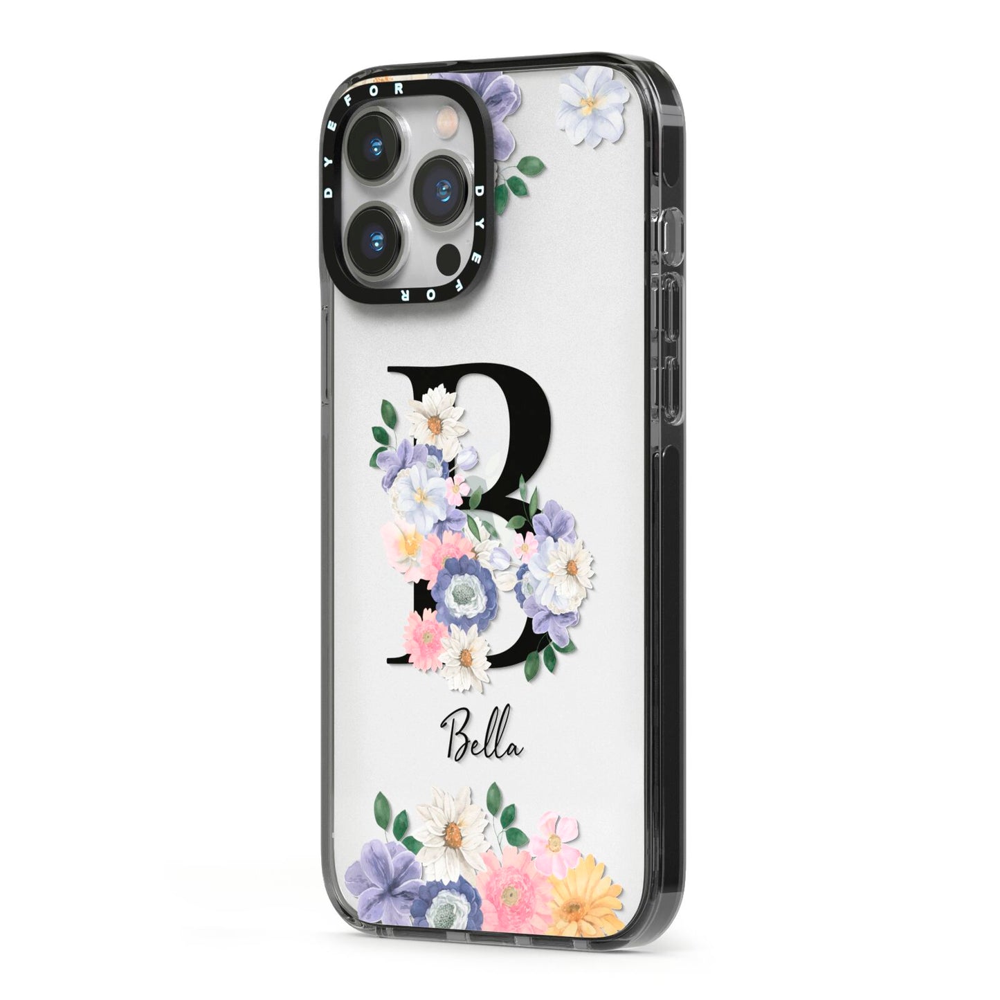 Black Initial Floral iPhone 13 Pro Max Black Impact Case Side Angle on Silver phone
