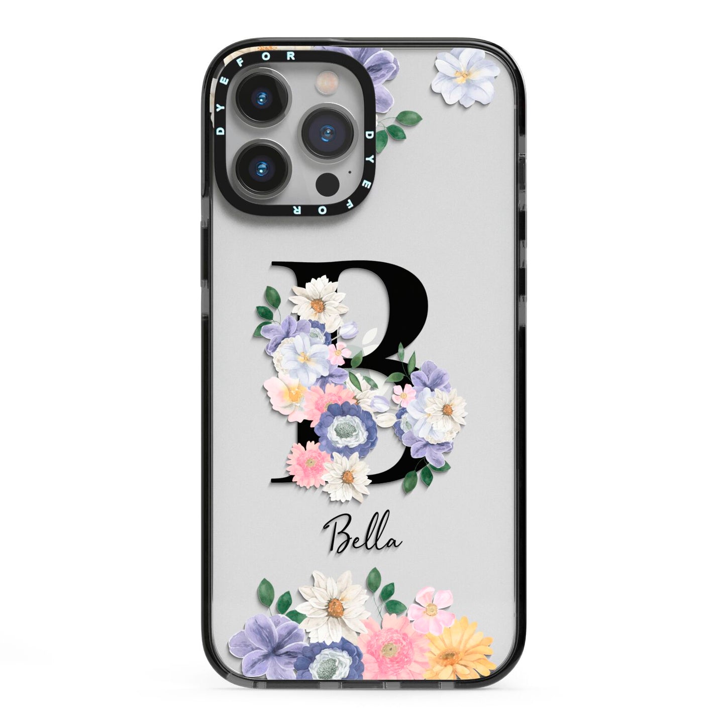 Black Initial Floral iPhone 13 Pro Max Black Impact Case on Silver phone