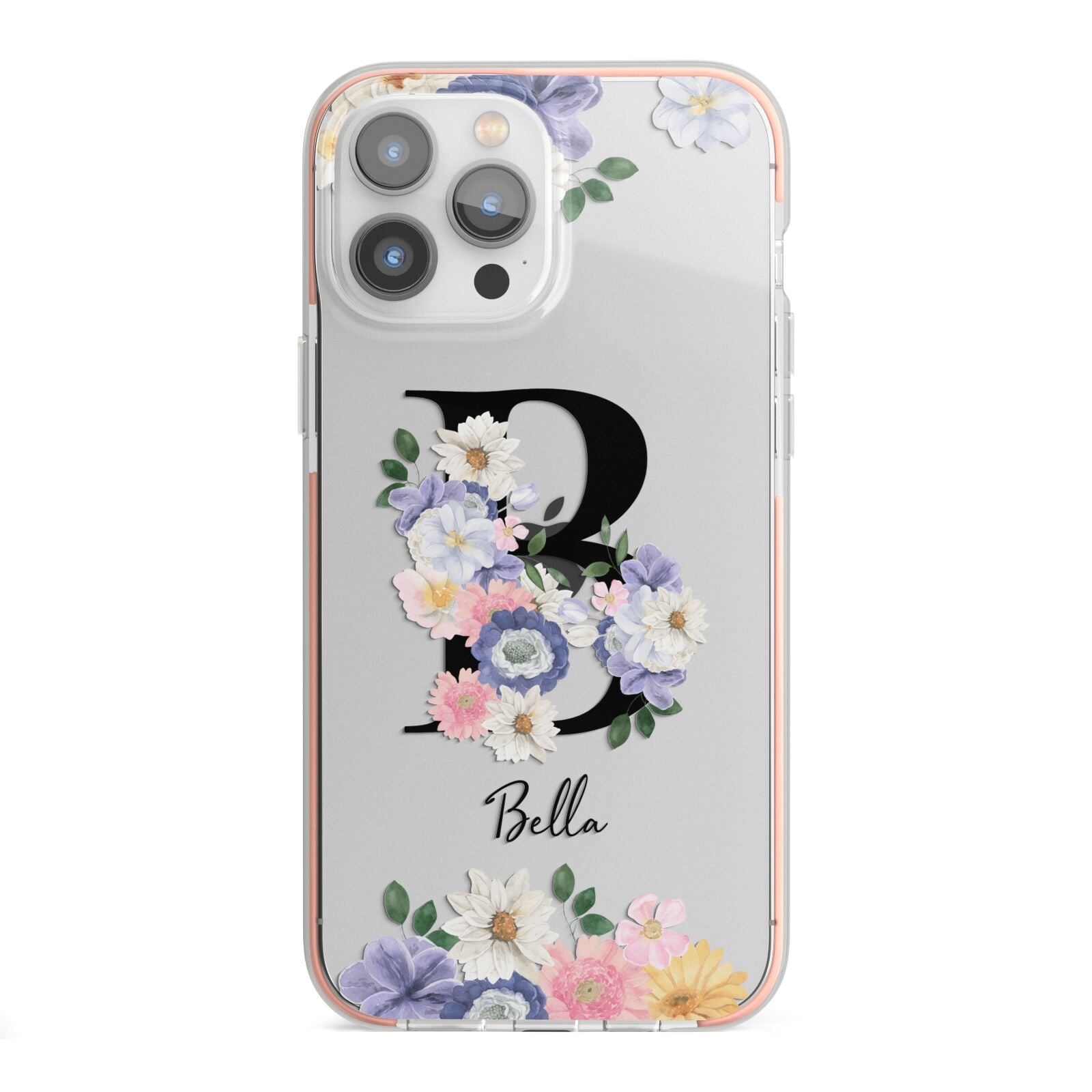 Black Initial Floral iPhone 13 Pro Max TPU Impact Case with Pink Edges