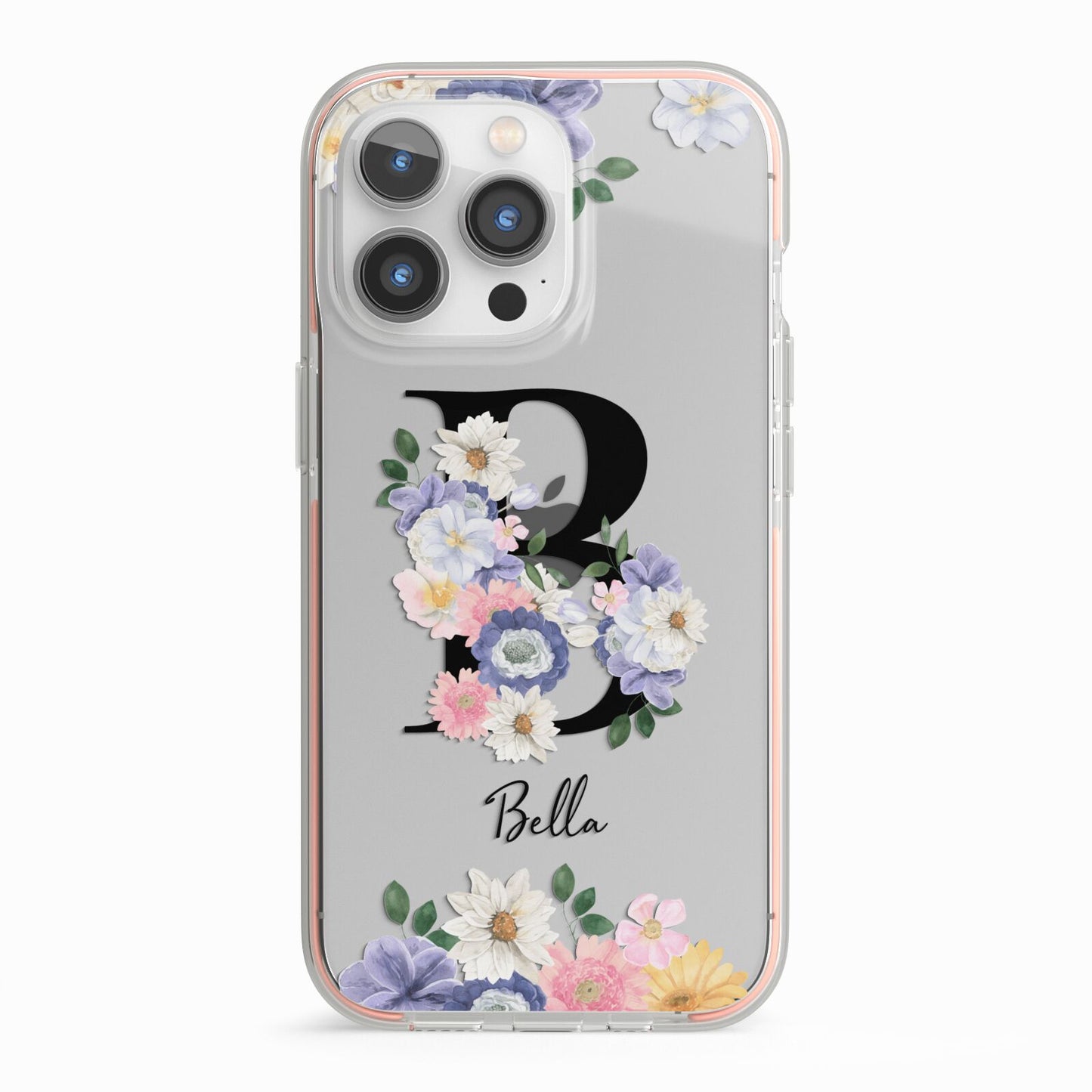 Black Initial Floral iPhone 13 Pro TPU Impact Case with Pink Edges