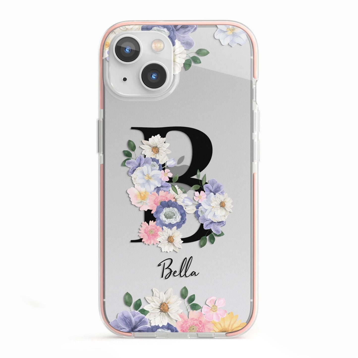 Black Initial Floral iPhone 13 TPU Impact Case with Pink Edges