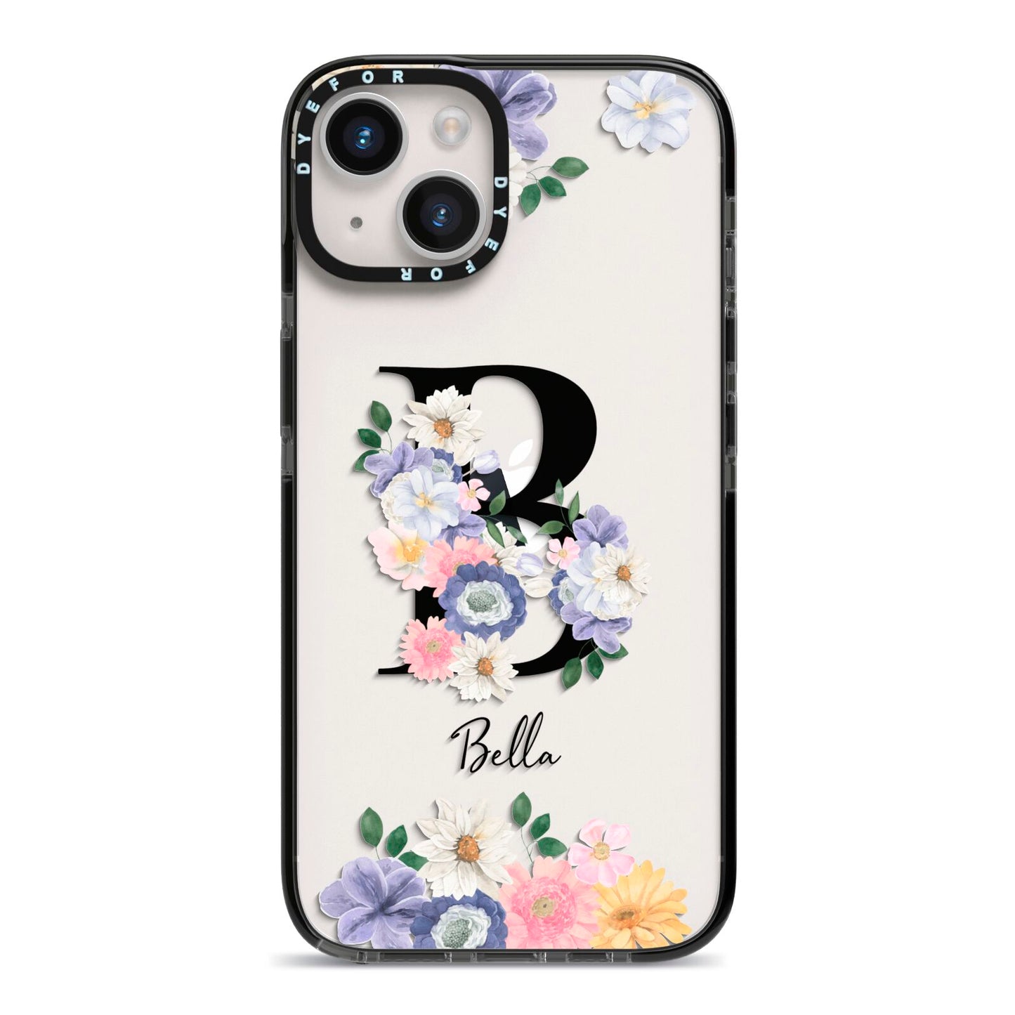 Black Initial Floral iPhone 14 Black Impact Case on Silver phone