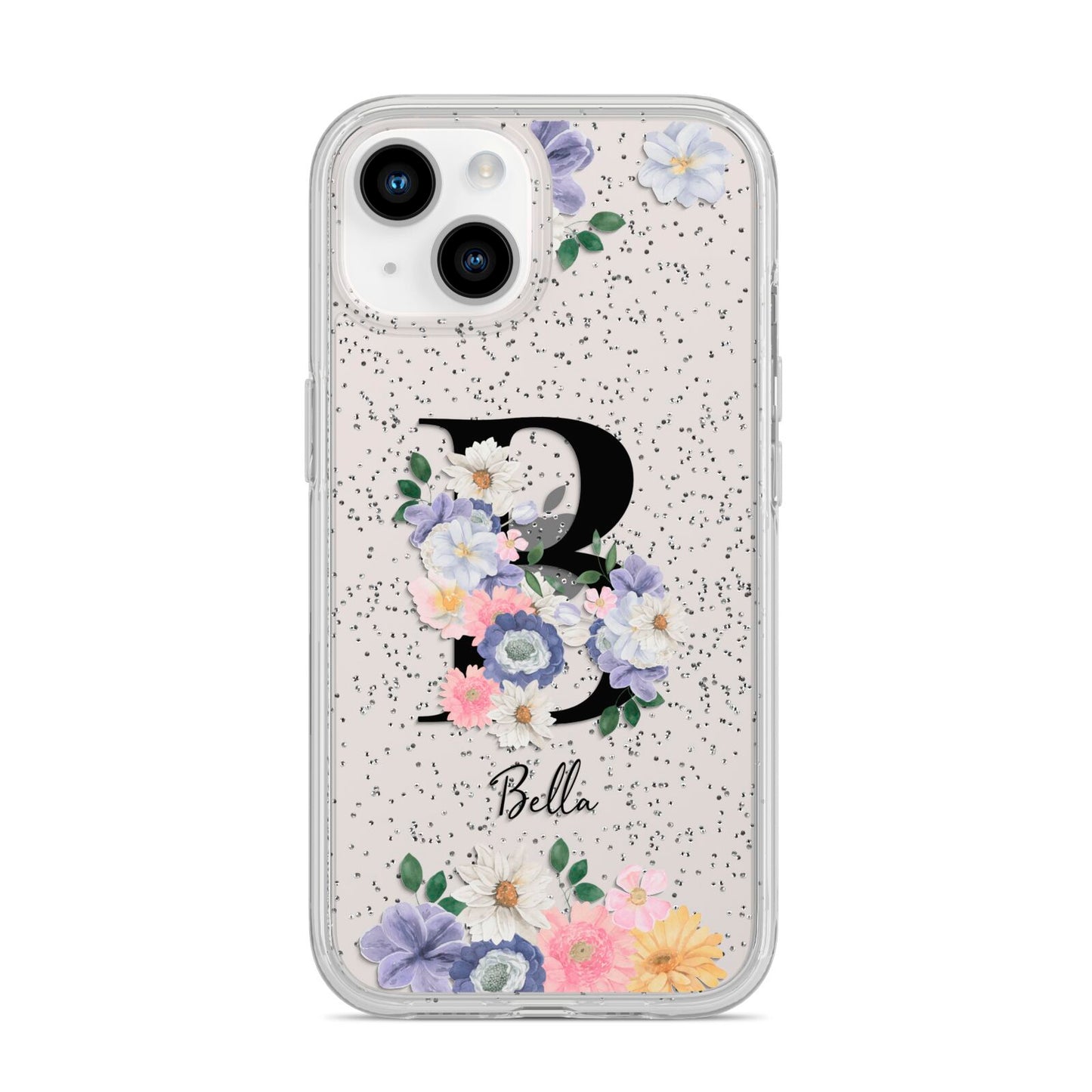 Black Initial Floral iPhone 14 Glitter Tough Case Starlight