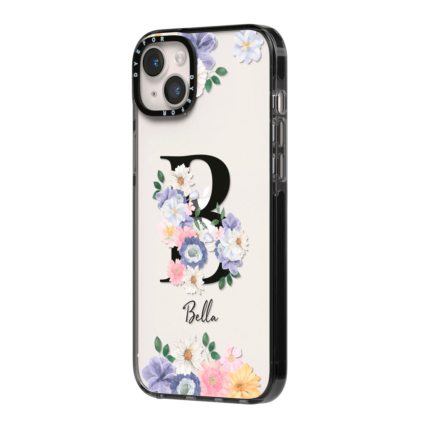 Black Initial Floral iPhone 14 Plus Black Impact Case Side Angle on Silver phone