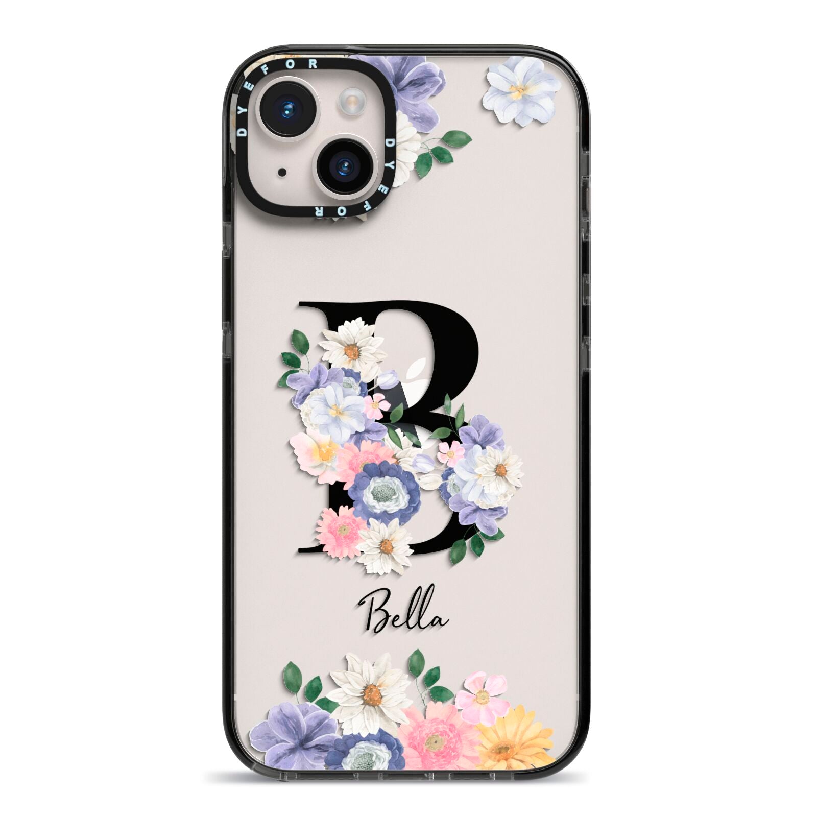 Black Initial Floral iPhone 14 Plus Black Impact Case on Silver phone