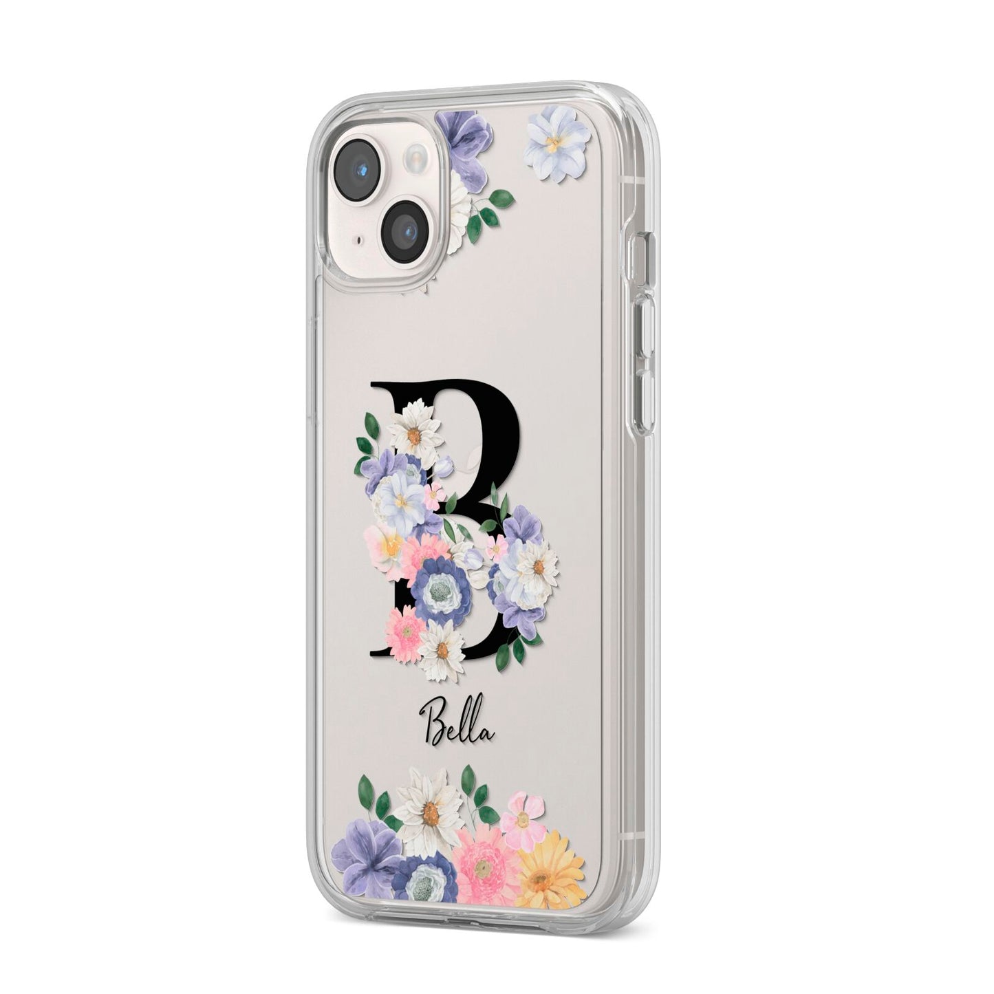 Black Initial Floral iPhone 14 Plus Clear Tough Case Starlight Angled Image